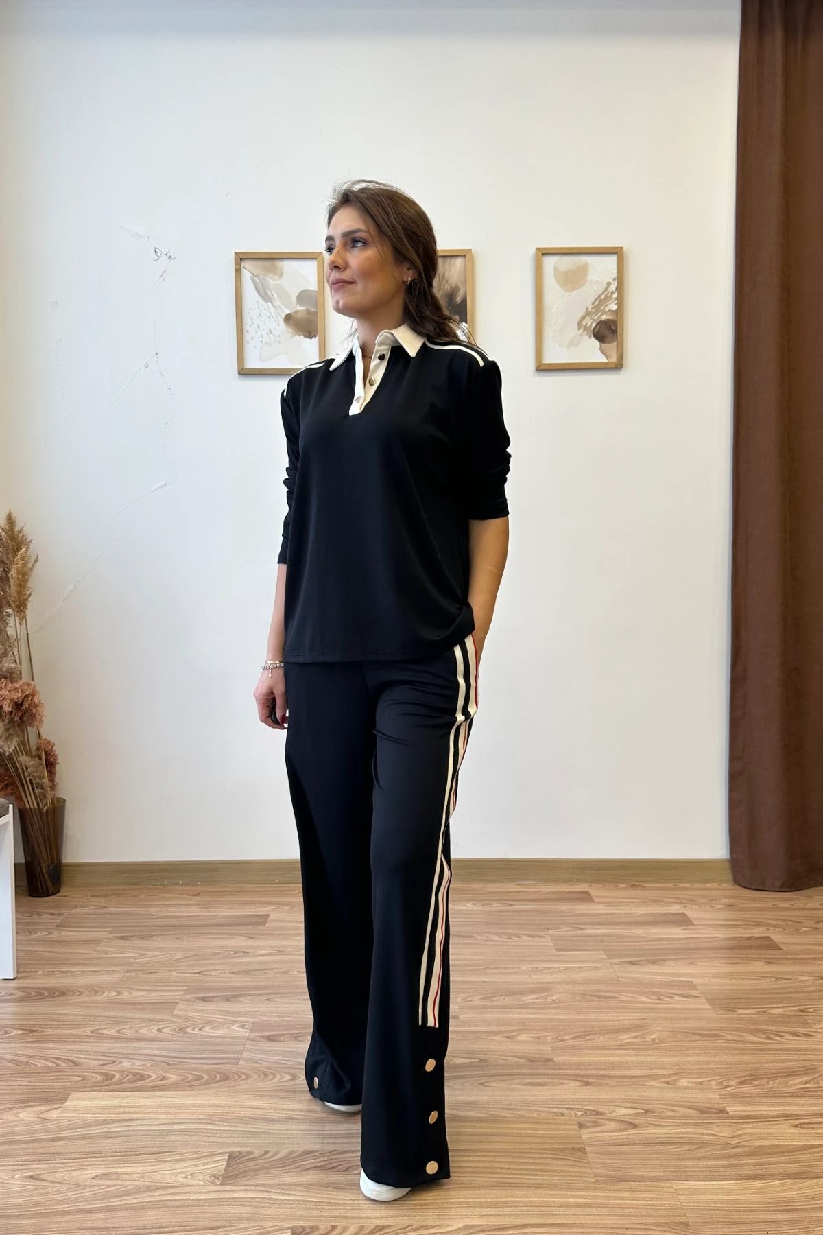 Şeritli Düğmeli İkili Takım - siyah