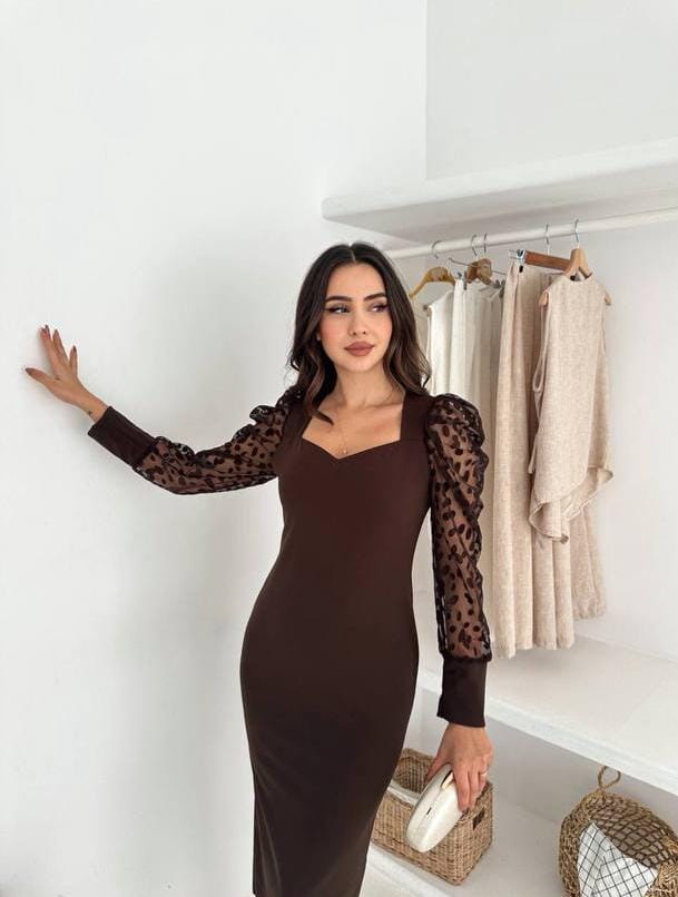 Puantiye Tül Kollu Midi Elbise - kahverengi