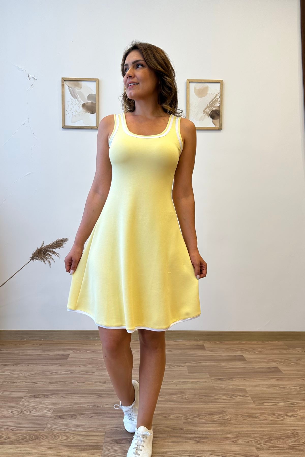 Biyeli Modal Kumaş Mini Elbise - sarı