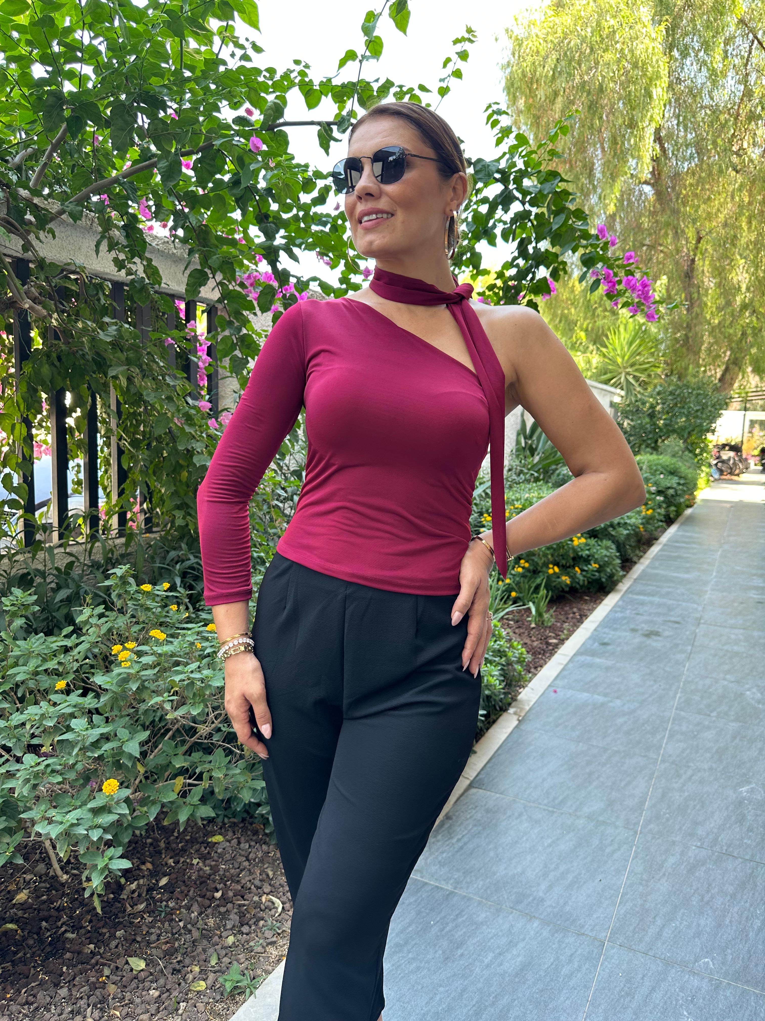 Fularlı Tek Omuz Sandy Bluz - bordo