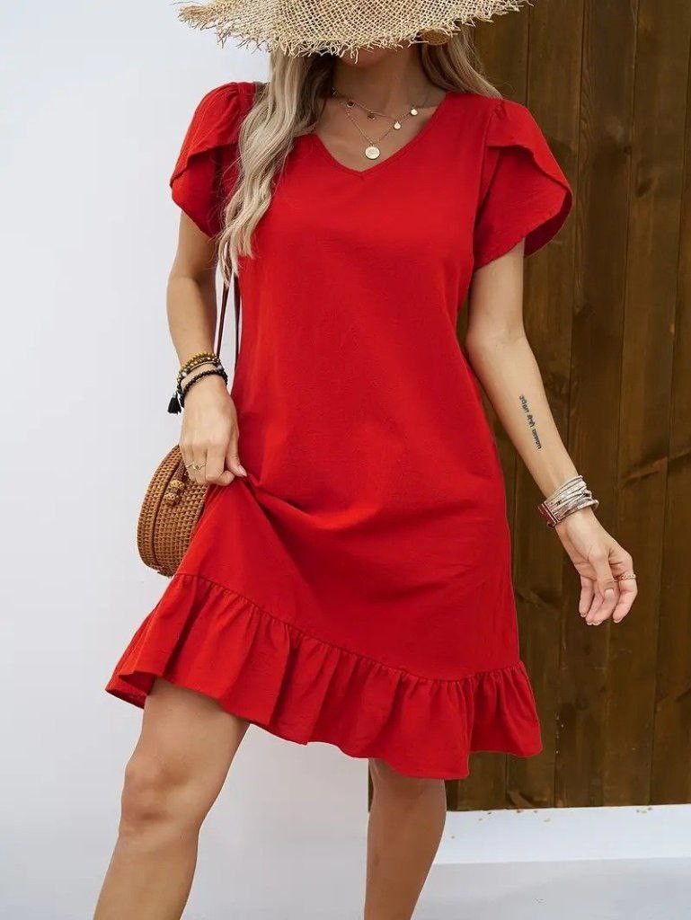 Fırfırlı Kısa Kol Mini Ayrobin Elbise - kırmızı