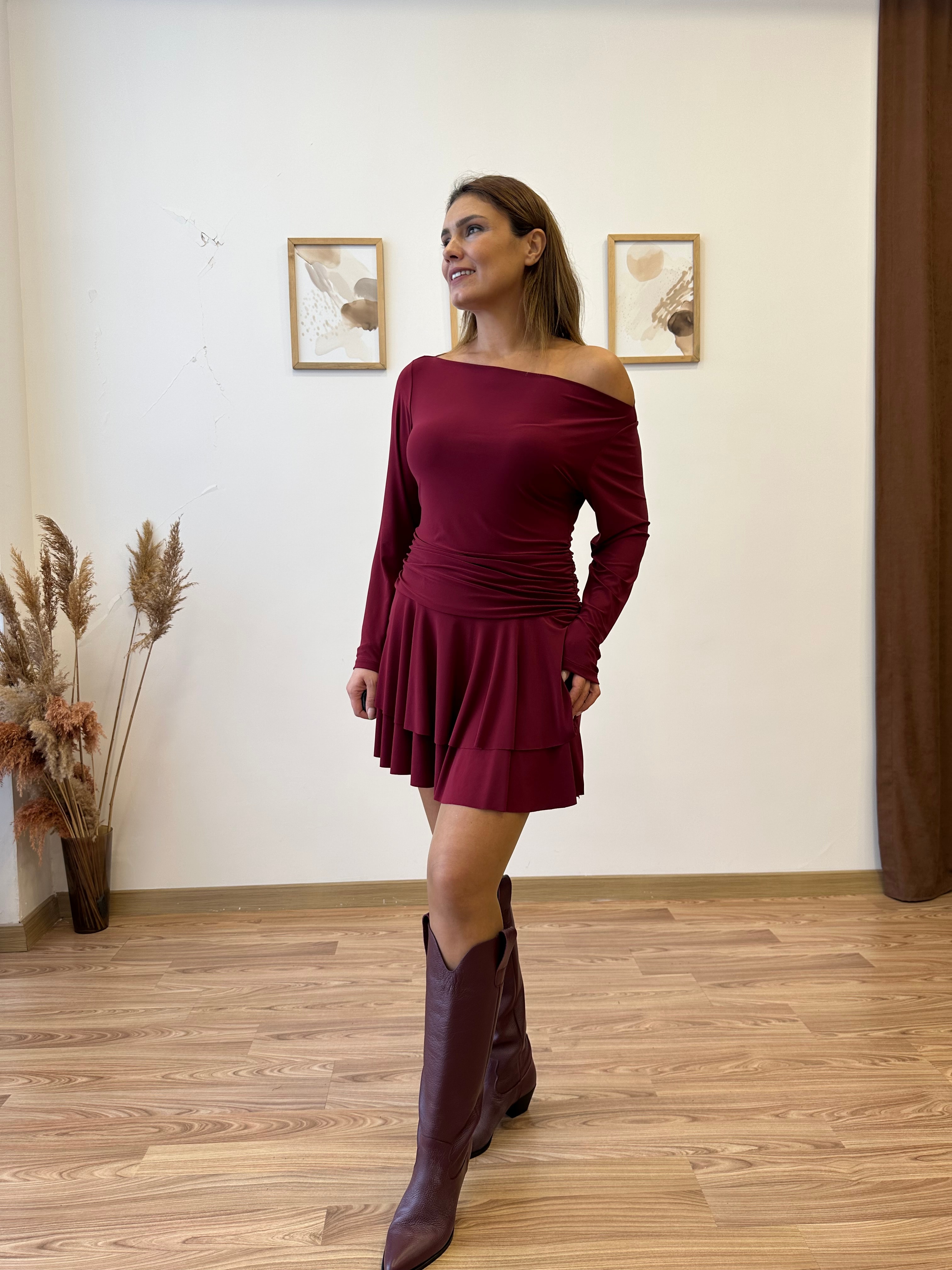 Bordo Drapeli Sandy Mini Elbise