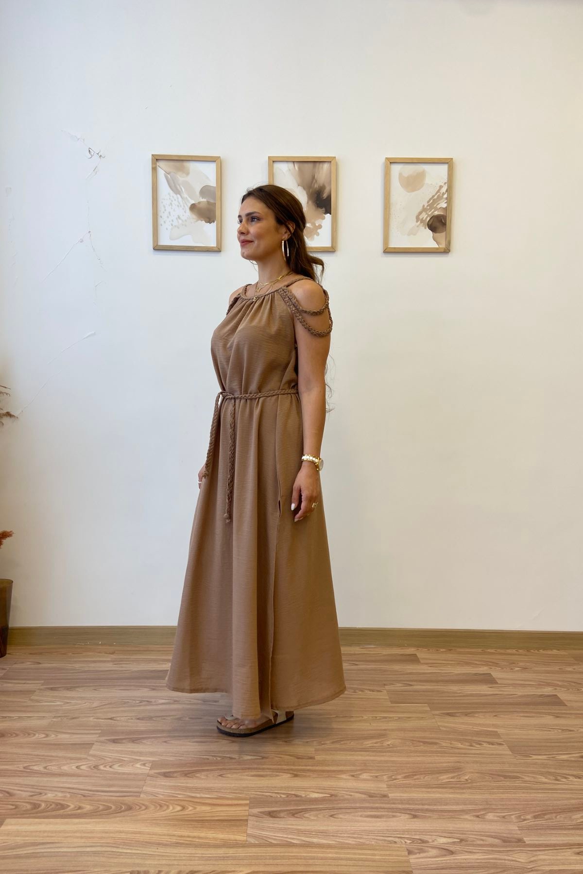 Helen Yırtmaçlı Uzun Keten Elbise