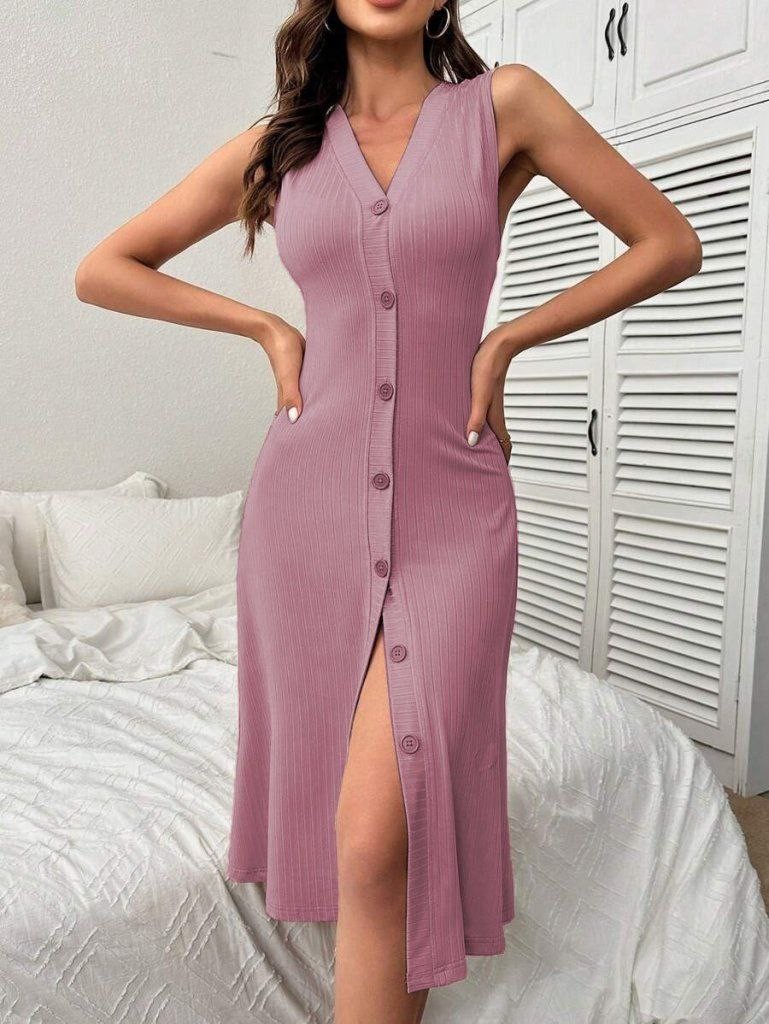 V Yaka Önden Düğmeli Kaşkorse Elbise - pembe