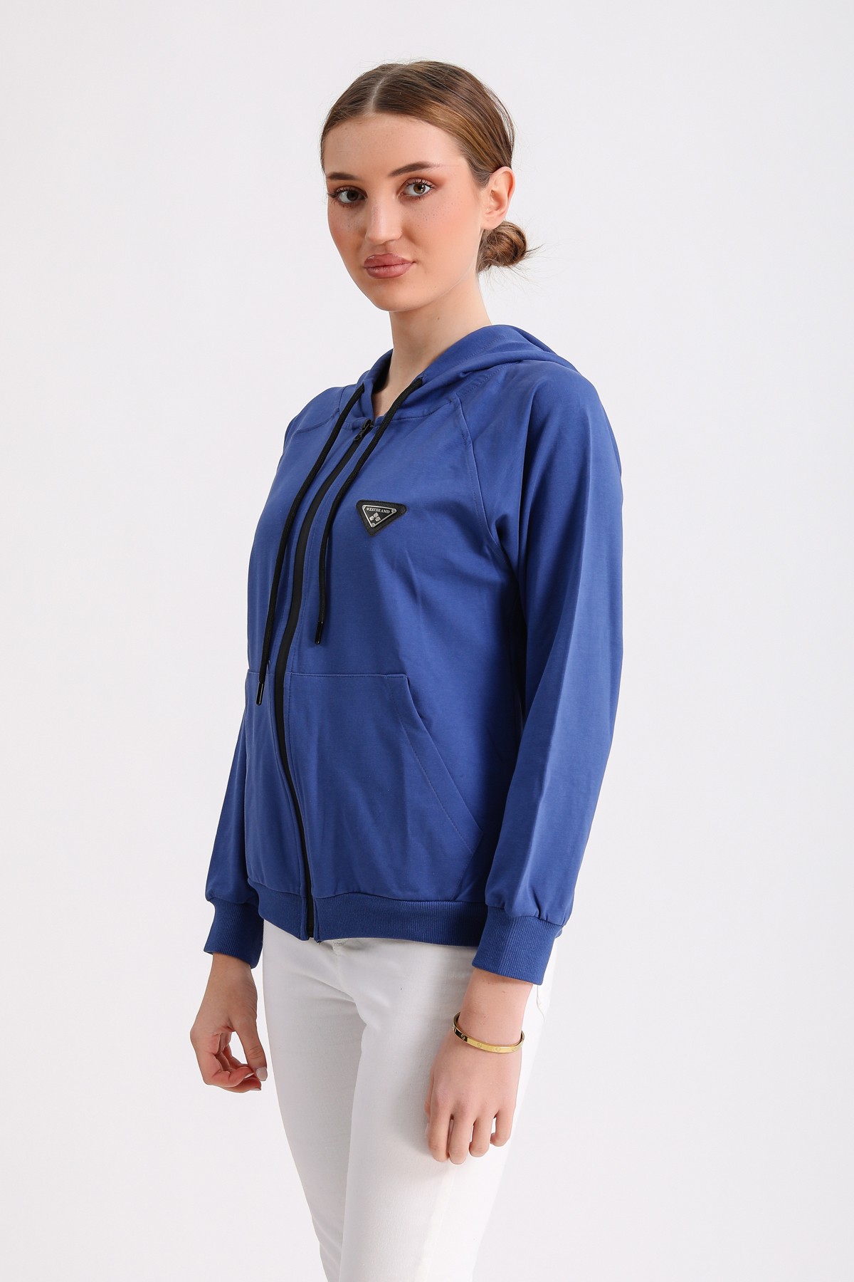 Fermuarlı Kapüşonlu Basic Kadın Ceket - indigo