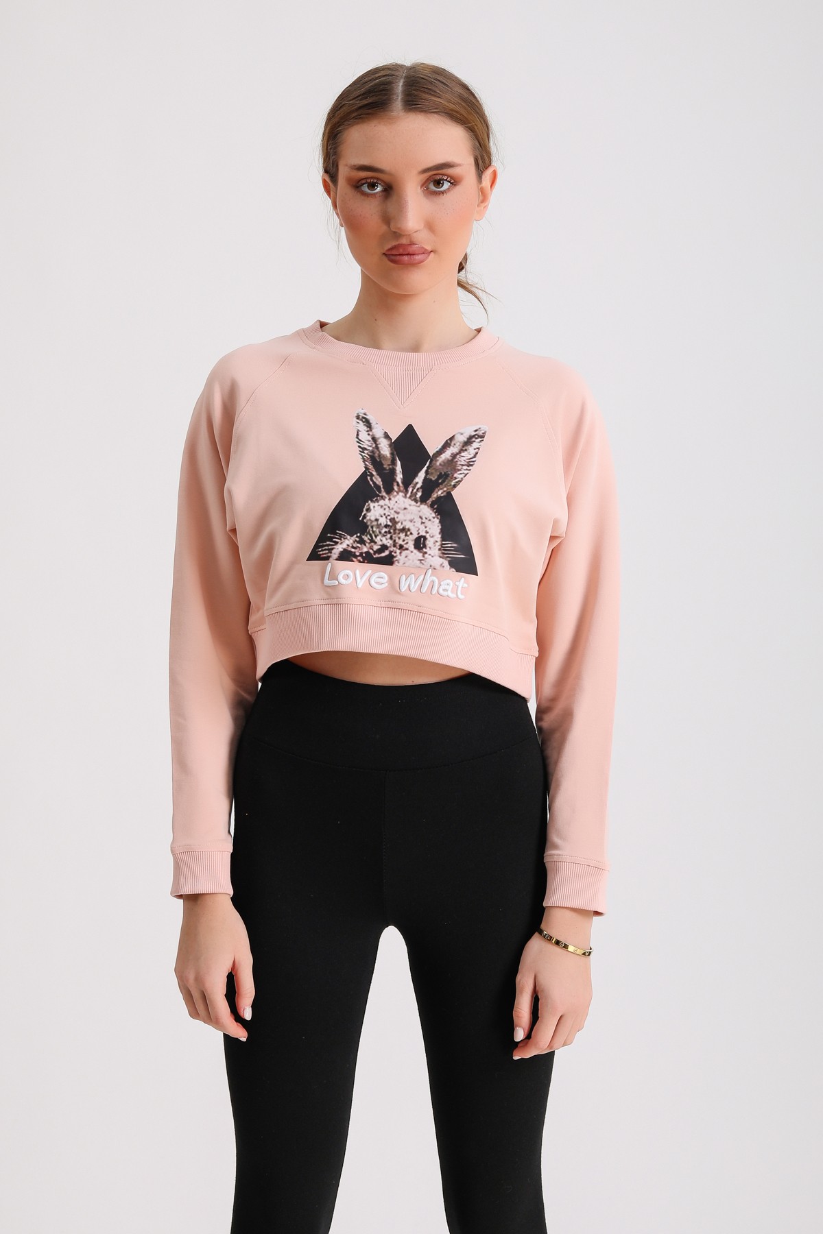 Tavşan Baskılı Nakış Detay Sweatshirt - Pembe