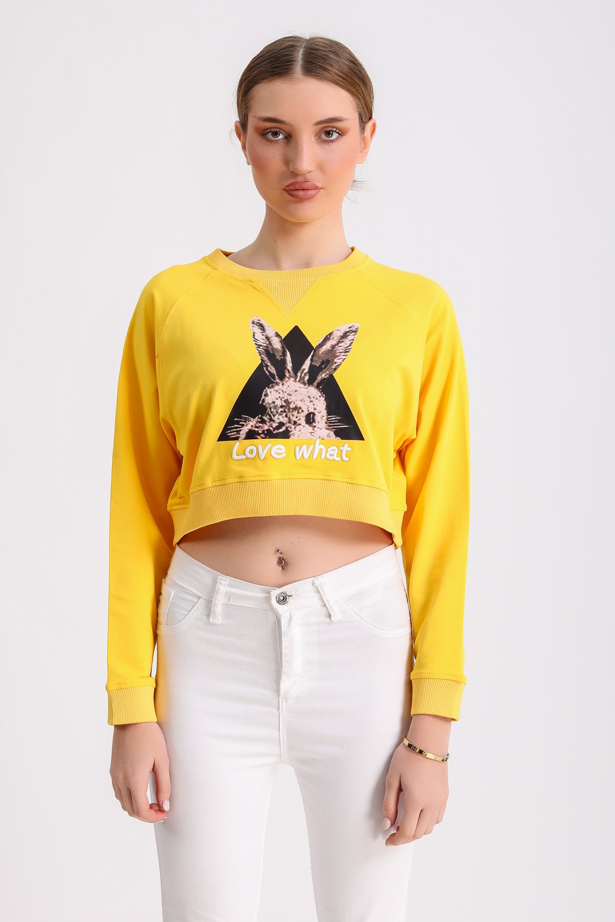 Tavşan Baskılı Nakış Detay Sweatshirt - Sarı