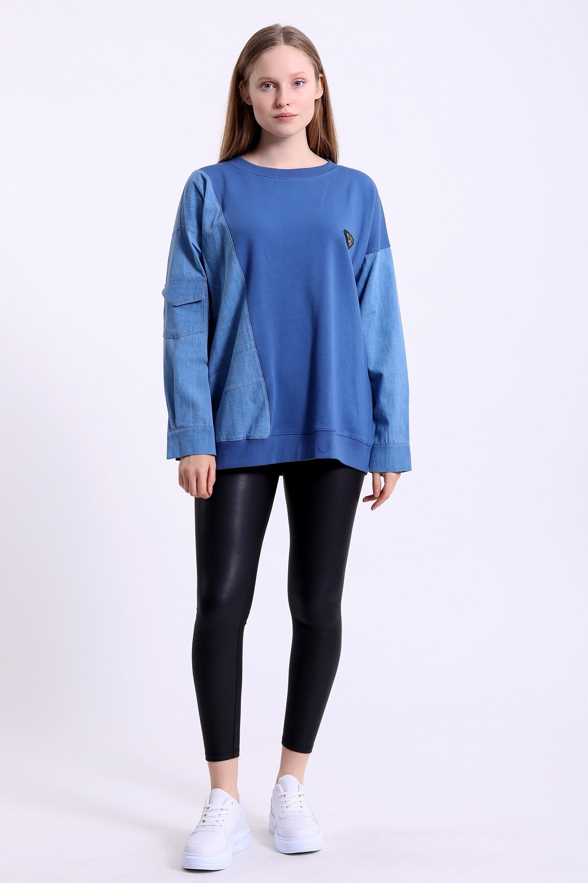 Parçalı Cep Detaylı Sweatshirt - indigo