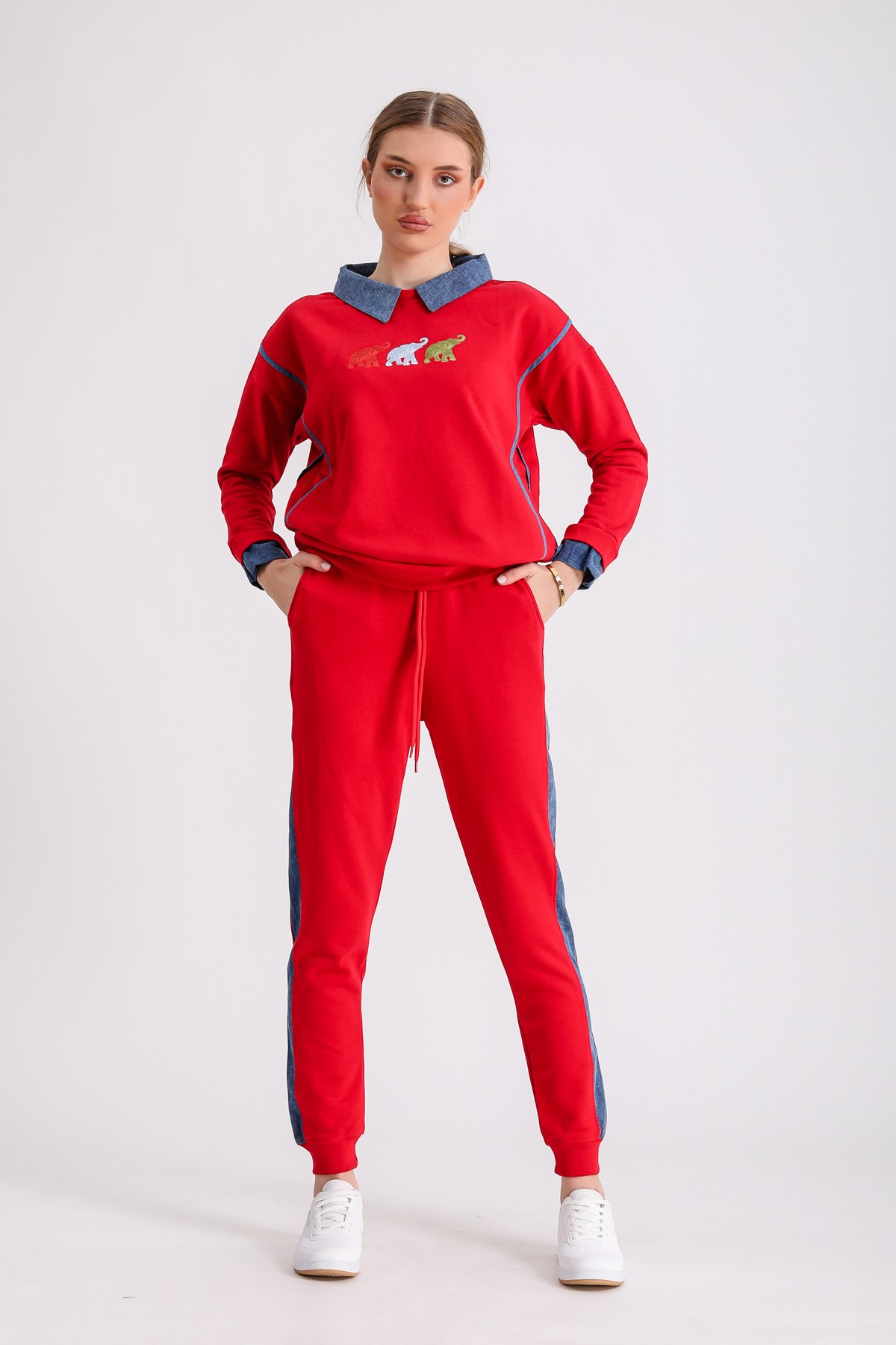 Kot Yaka Üç Fil Nakışlı Sweatshirt Takım - Kırmızı