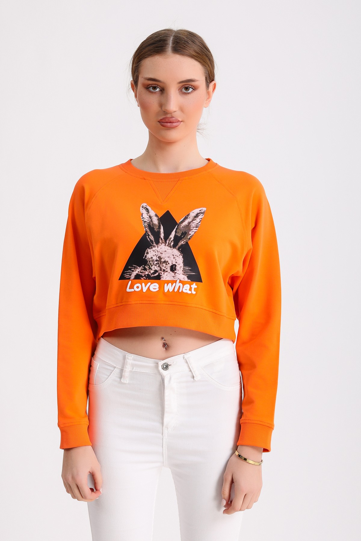 Tavşan Baskılı Nakış Detay Sweatshirt - Turuncu