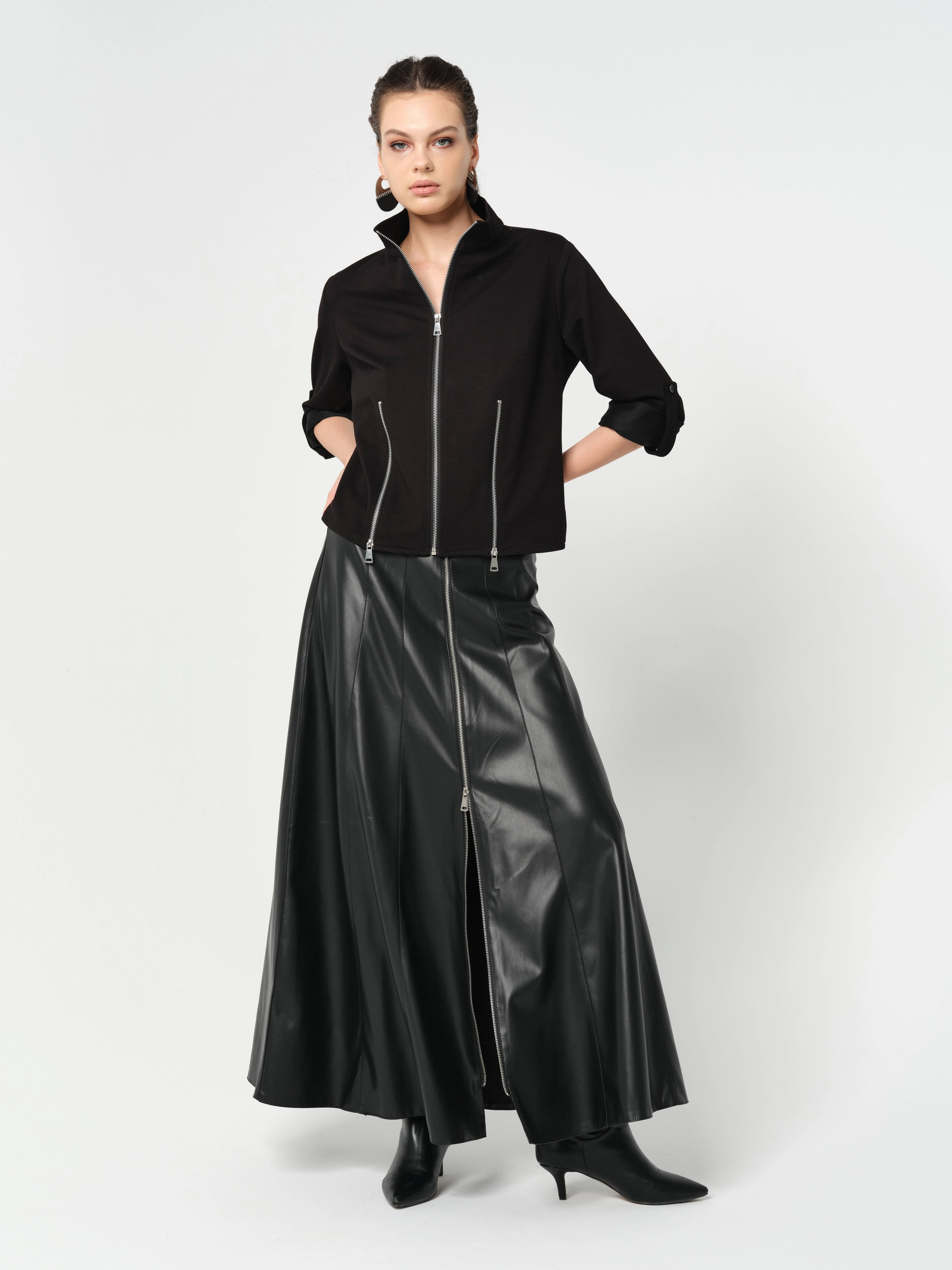 Önden Full Fermuarlı Suni Deri Etek