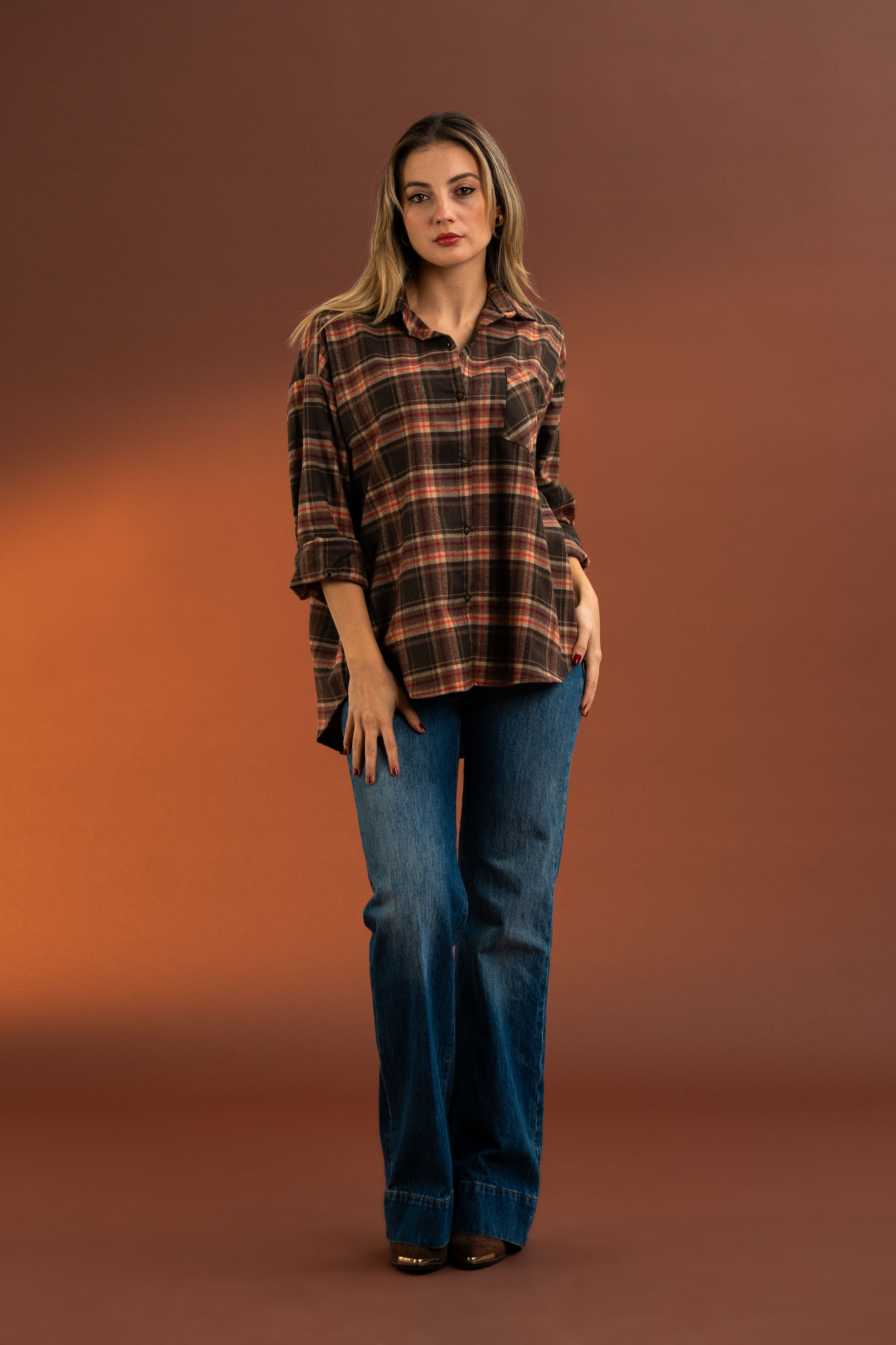 Ekose Desenli,Pamuk Gömlek-KAHVERENGİ