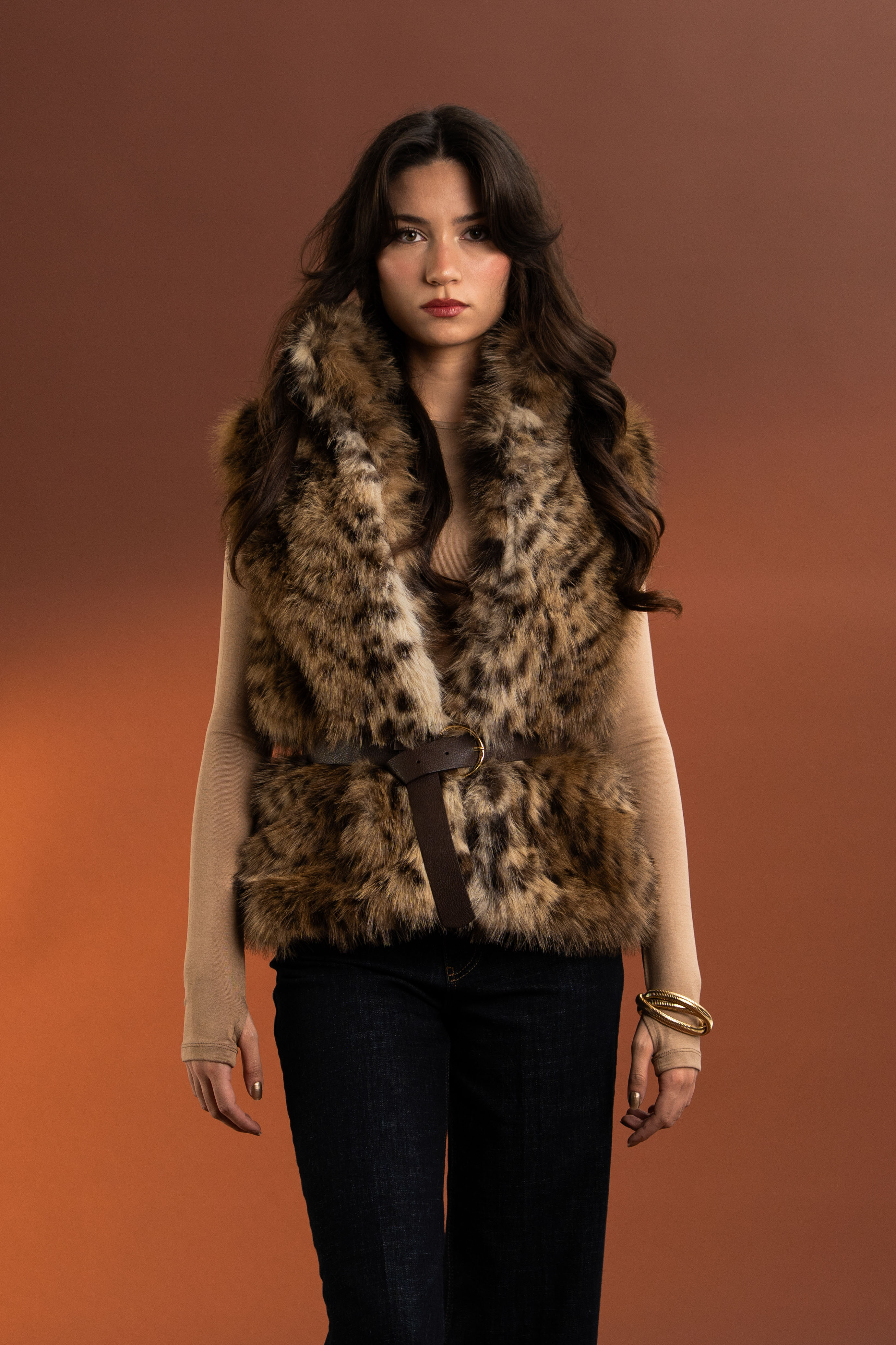 Leopar Desenli,Kemerli Kürk Yelek