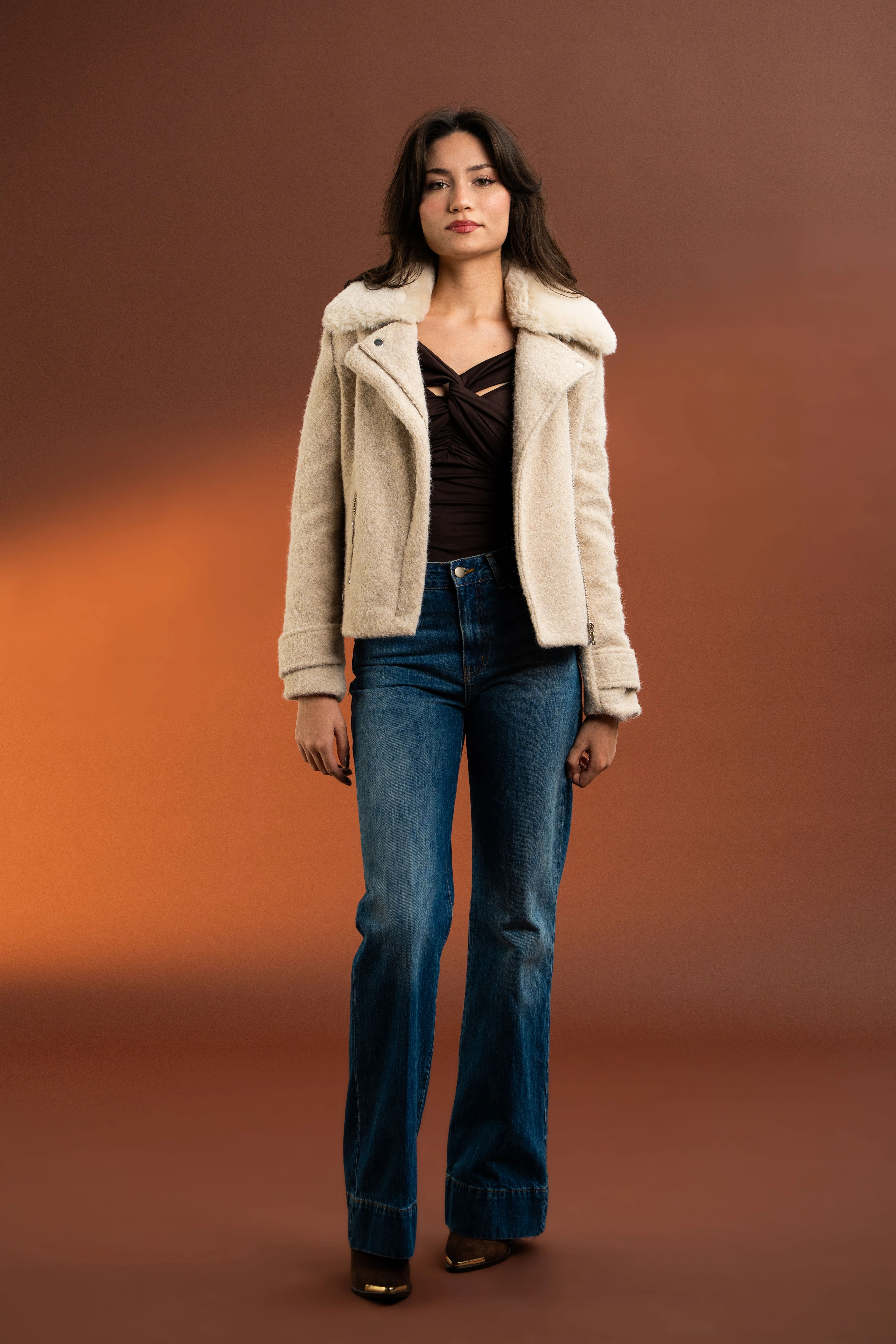 Biker Model,Slim Kesim Keçe Mont