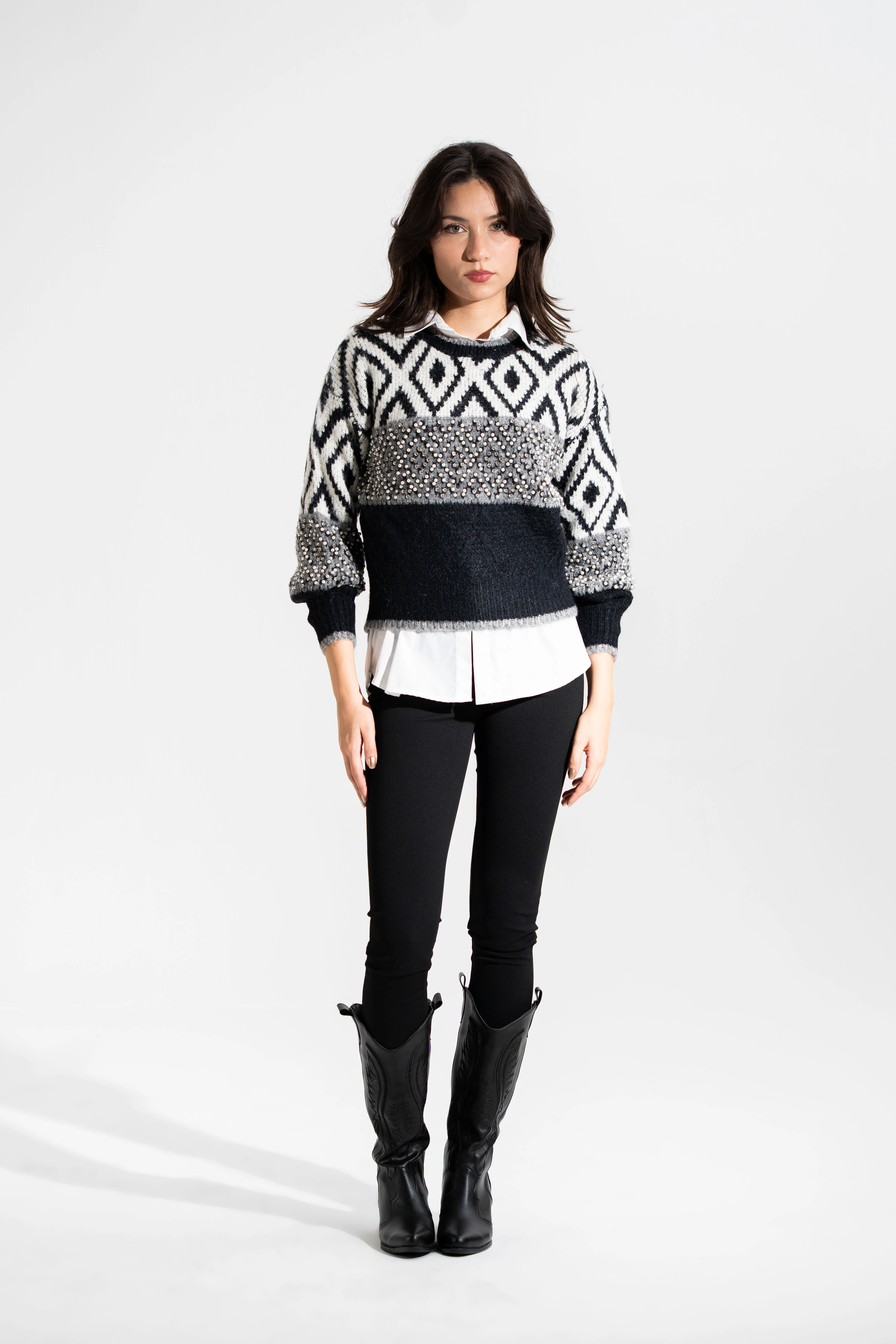 Premium Kalite,İnci İşlemeli Yün Kazak