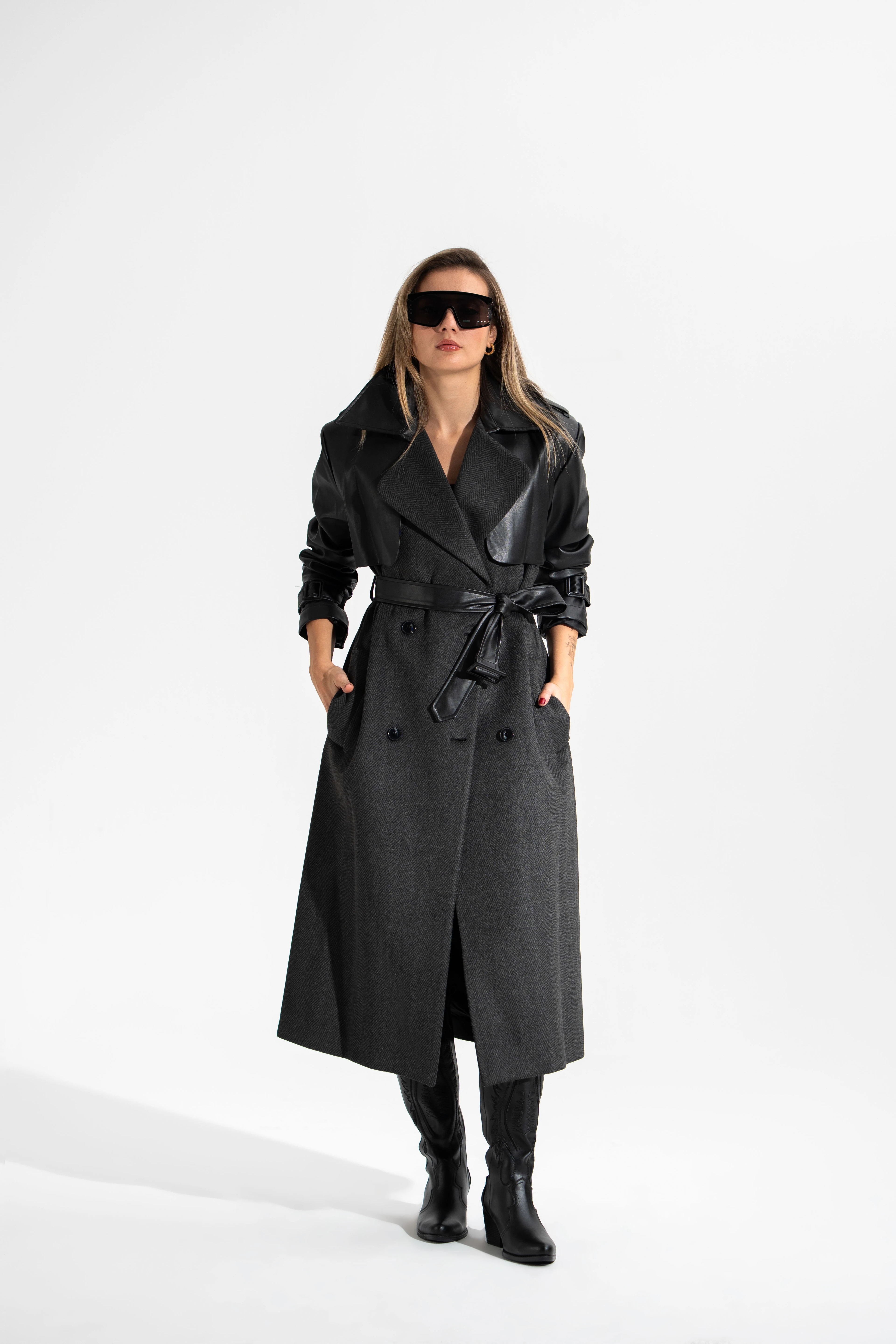 Üstü Deri Detaylı, Kaşe Kaban