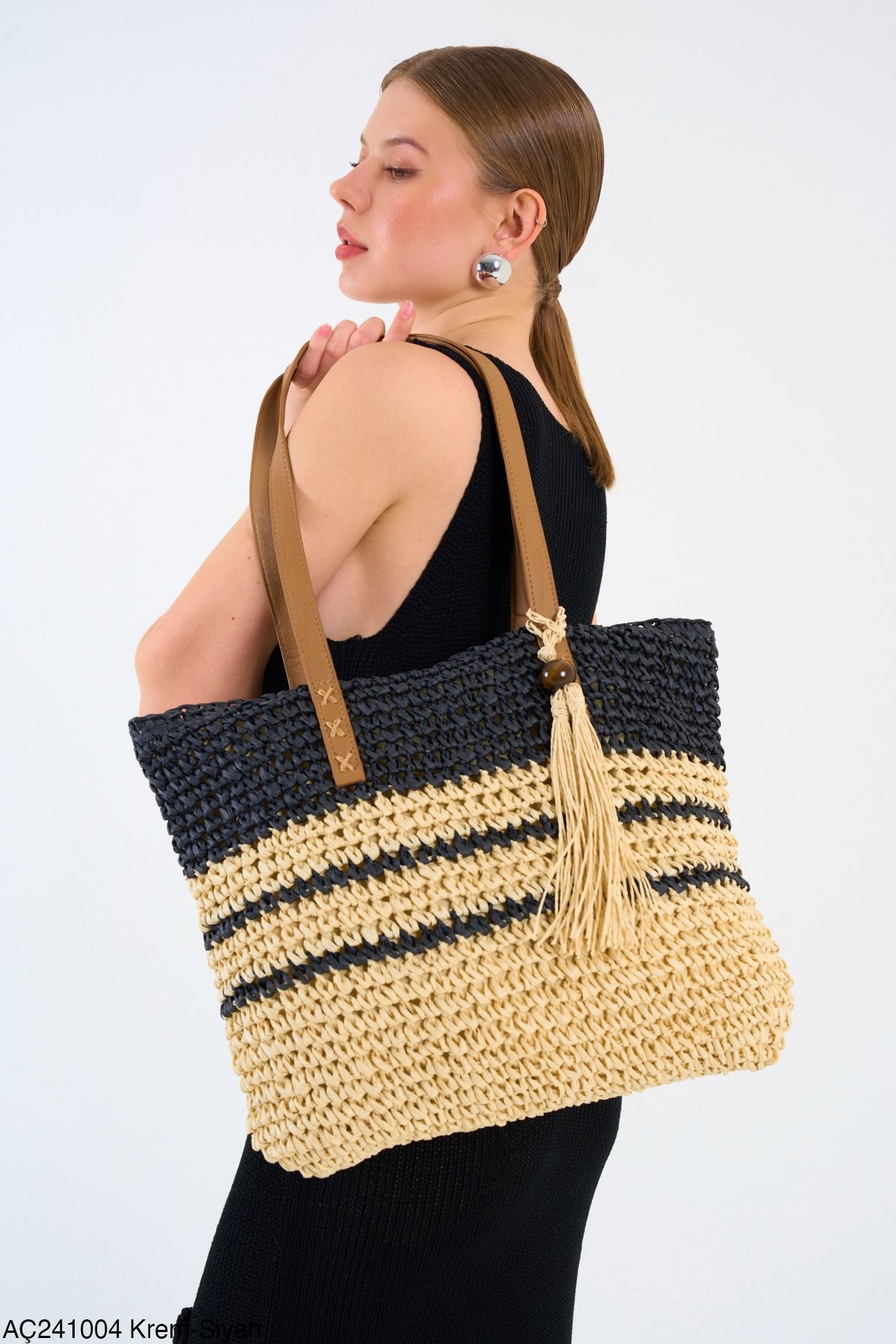 Handmade,Deri Askılı,Siyah-Beige Çanta