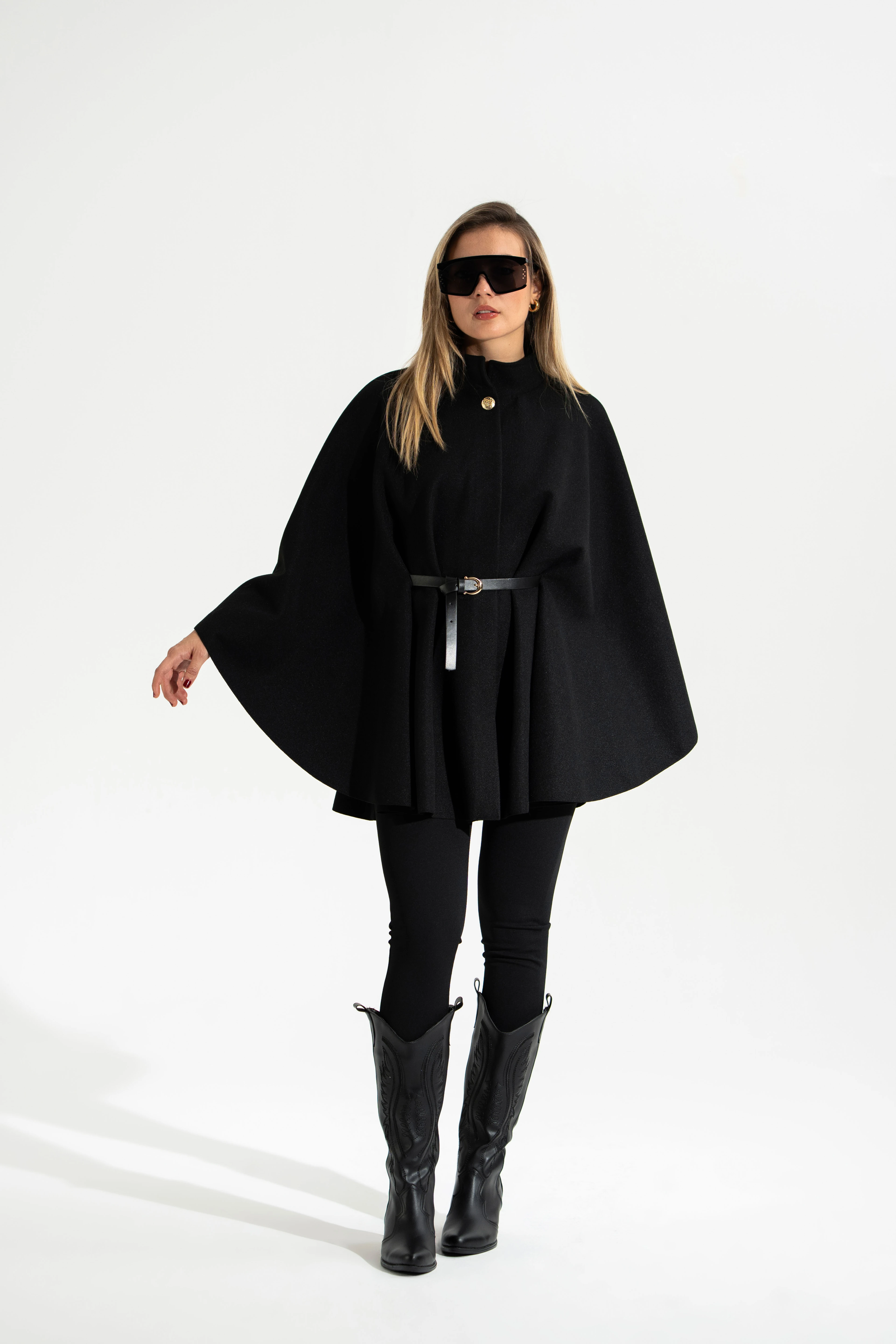 Kemerli,Kaşe,Kadın Panço-Siyah