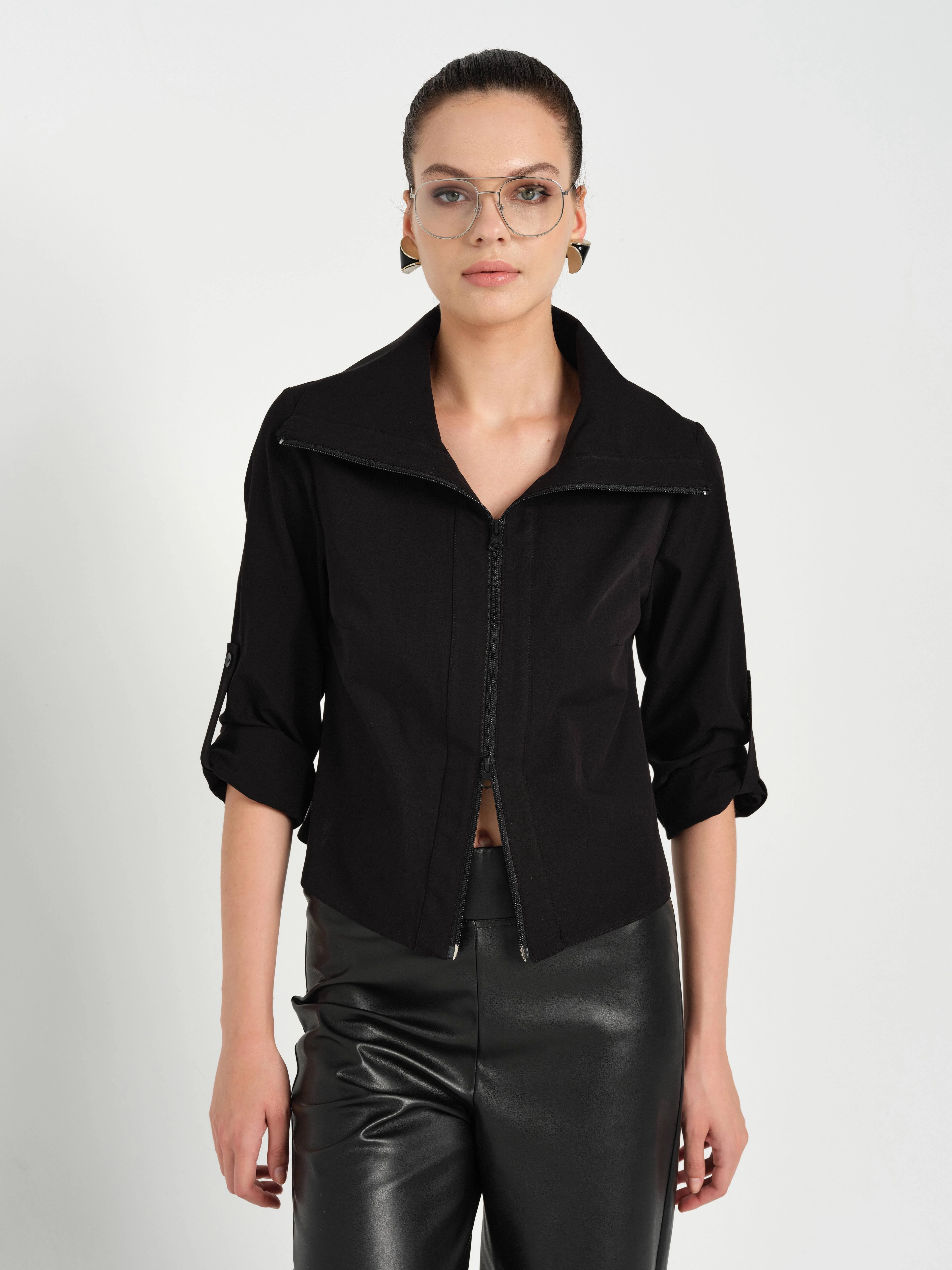 Pamuk,Fermuarlı,Oturumlu Gömlek-Siyah