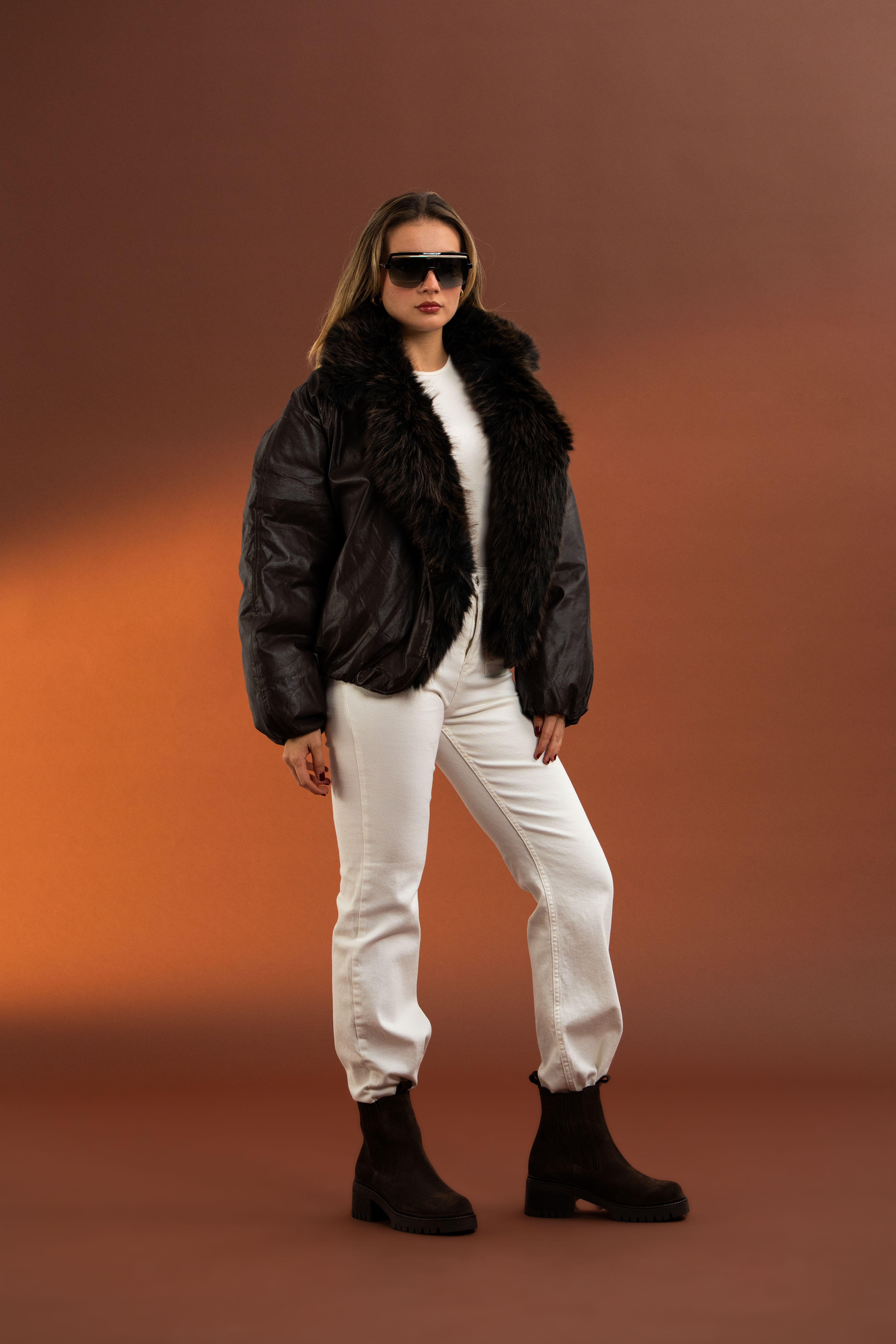 Yakası Takma Suni Kürk Detaylı, Premium,Vintage Şişme Deri Mont-Acı Kahve