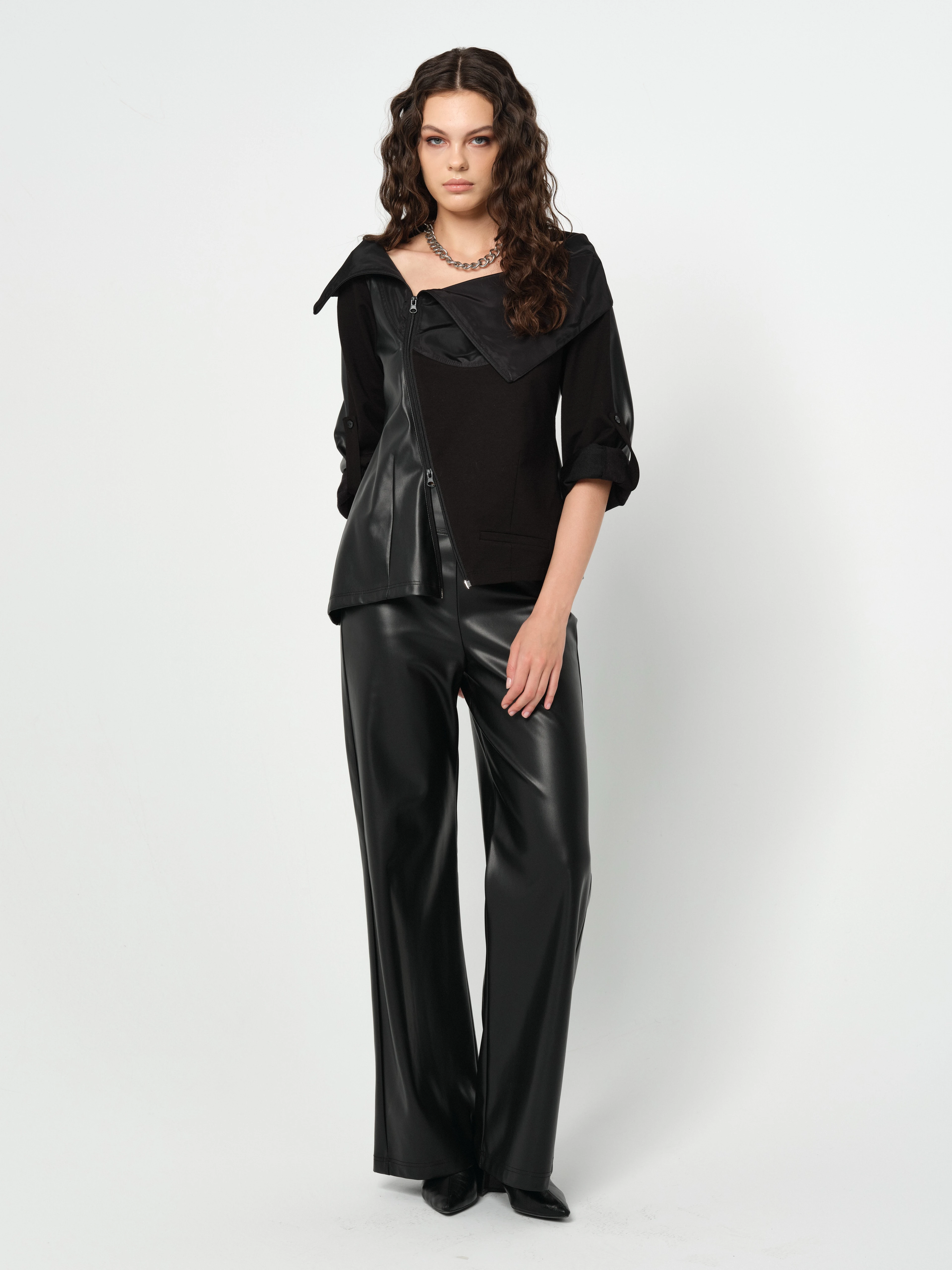 Tasarım,Fermuar ve Deri Detaylı Bluz