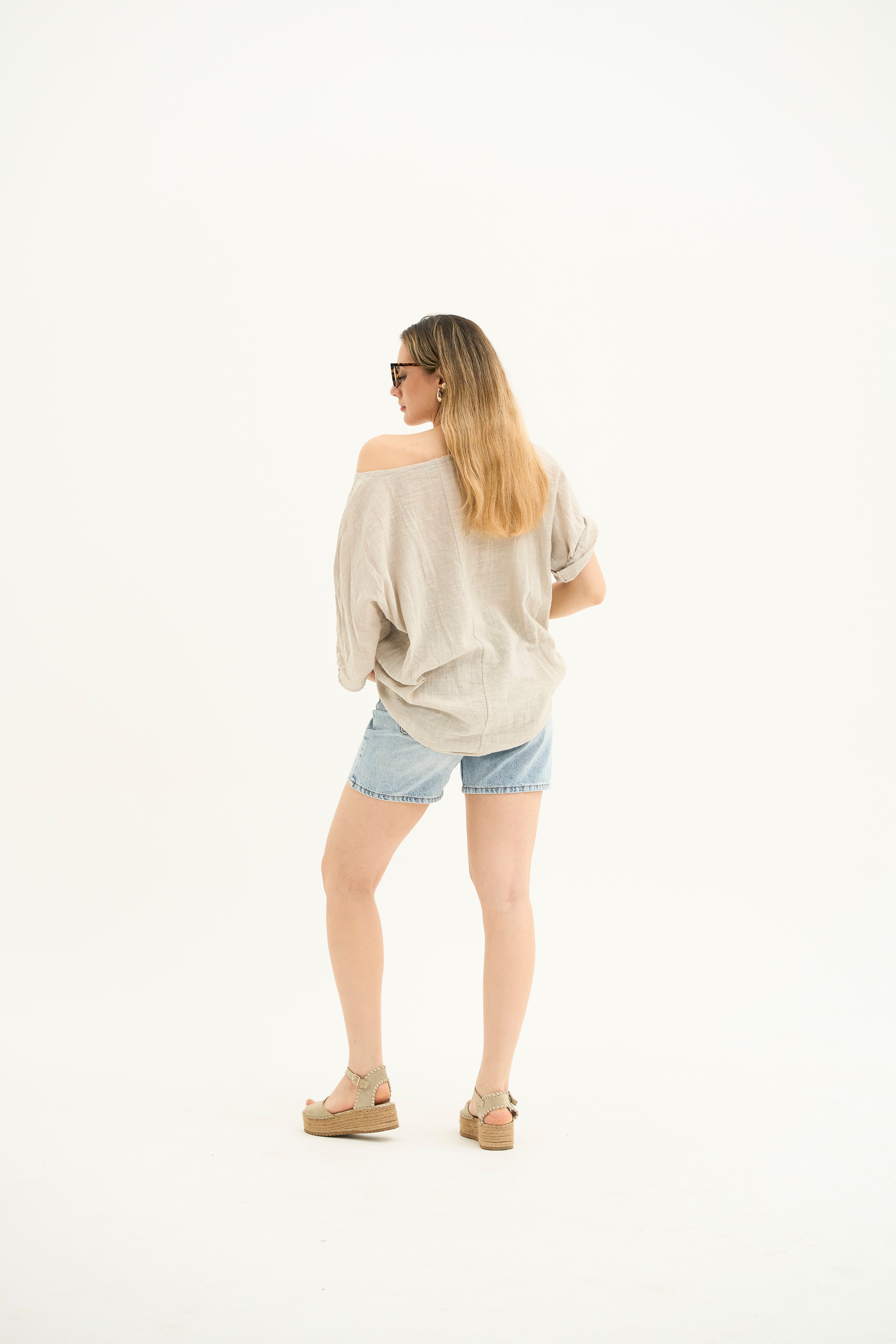 İtalyan,Ham Keten Salaş Bluz-Beige