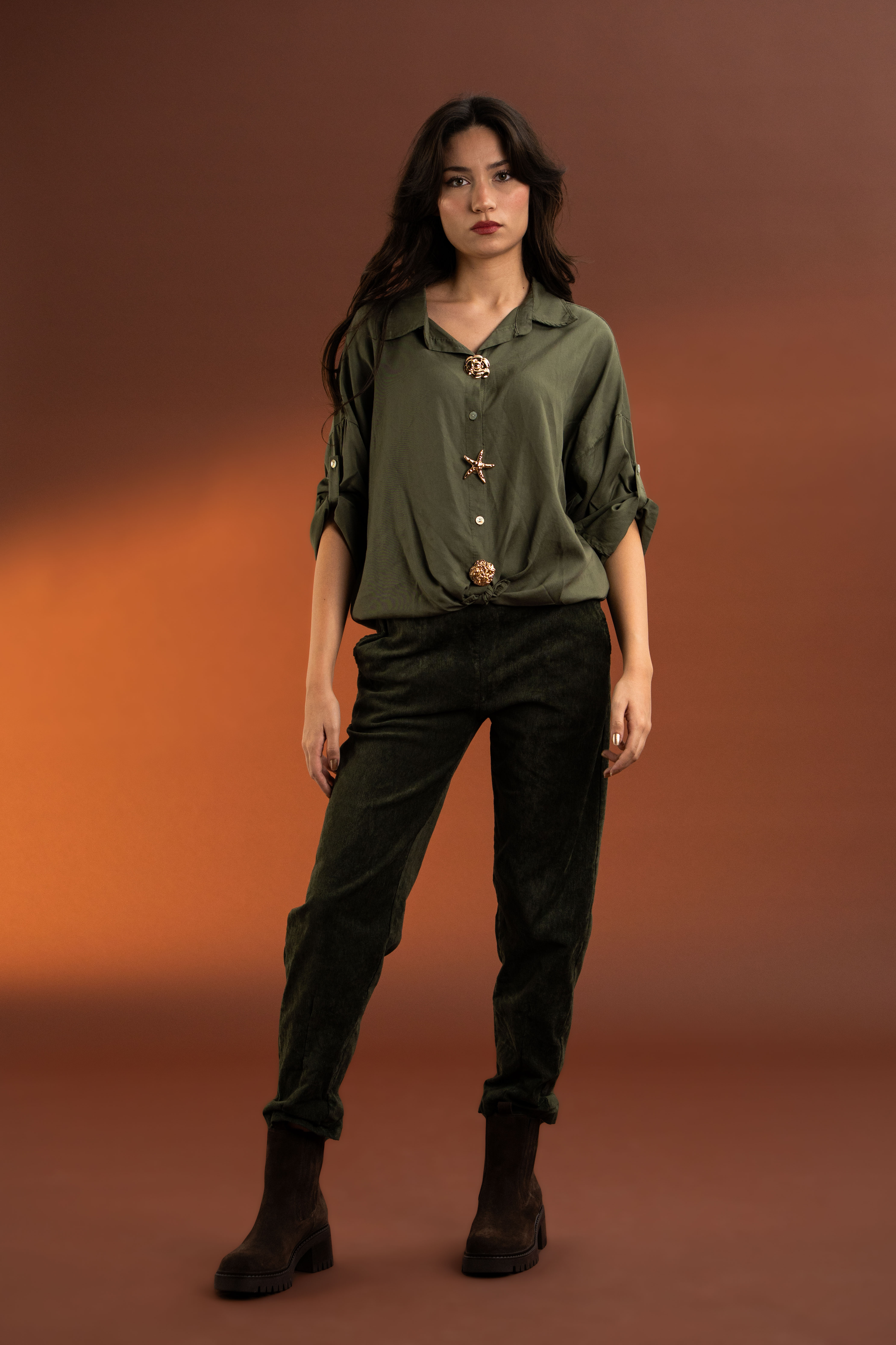 Gold Toka Detaylı,Pamuk,İtalyan Gömlek-Haki