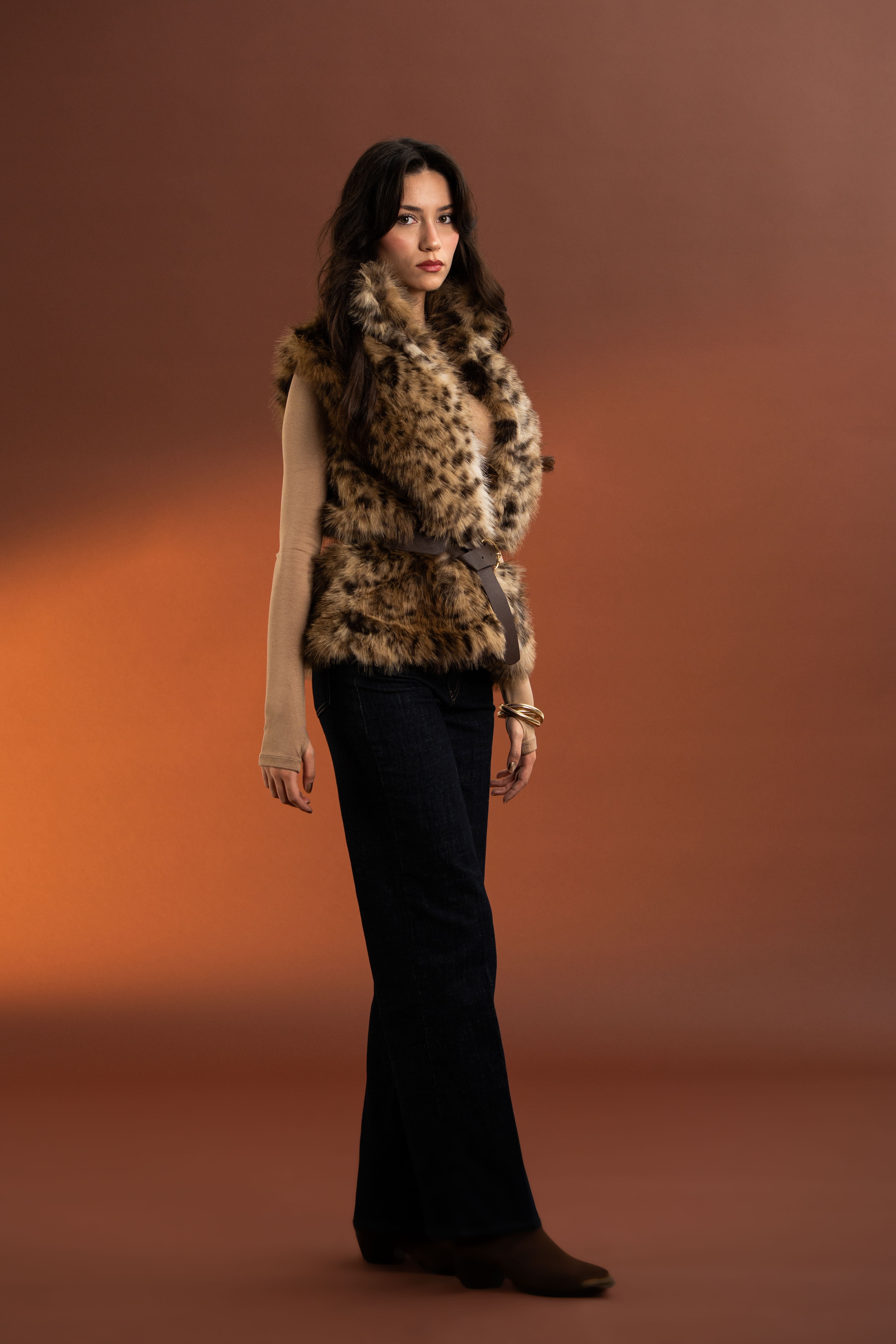 Leopar Desenli,Kemerli Kürk Yelek