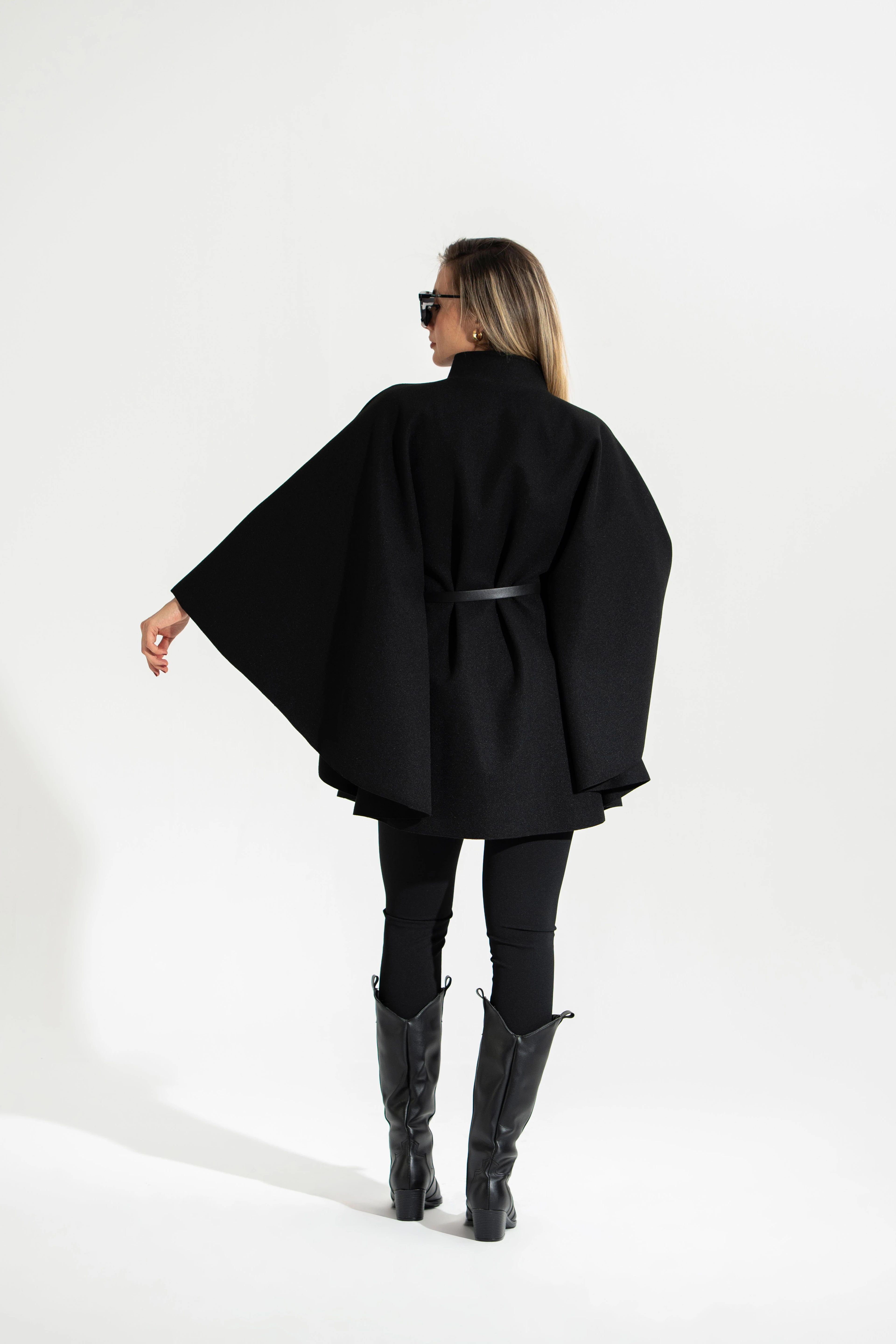 Kemerli,Kaşe,Kadın Panço-Siyah