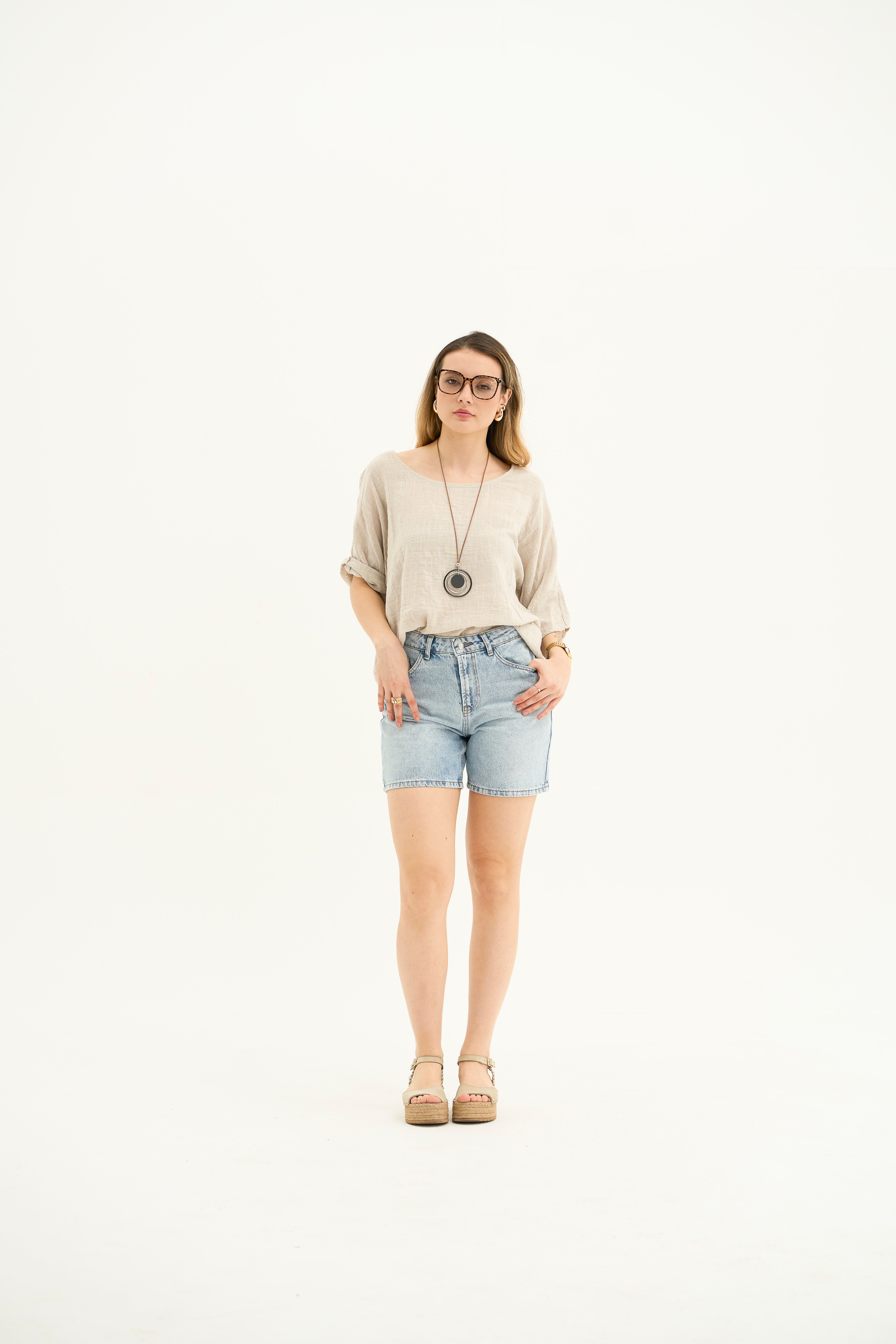 İtalyan,Ham Keten Salaş Bluz-Beige