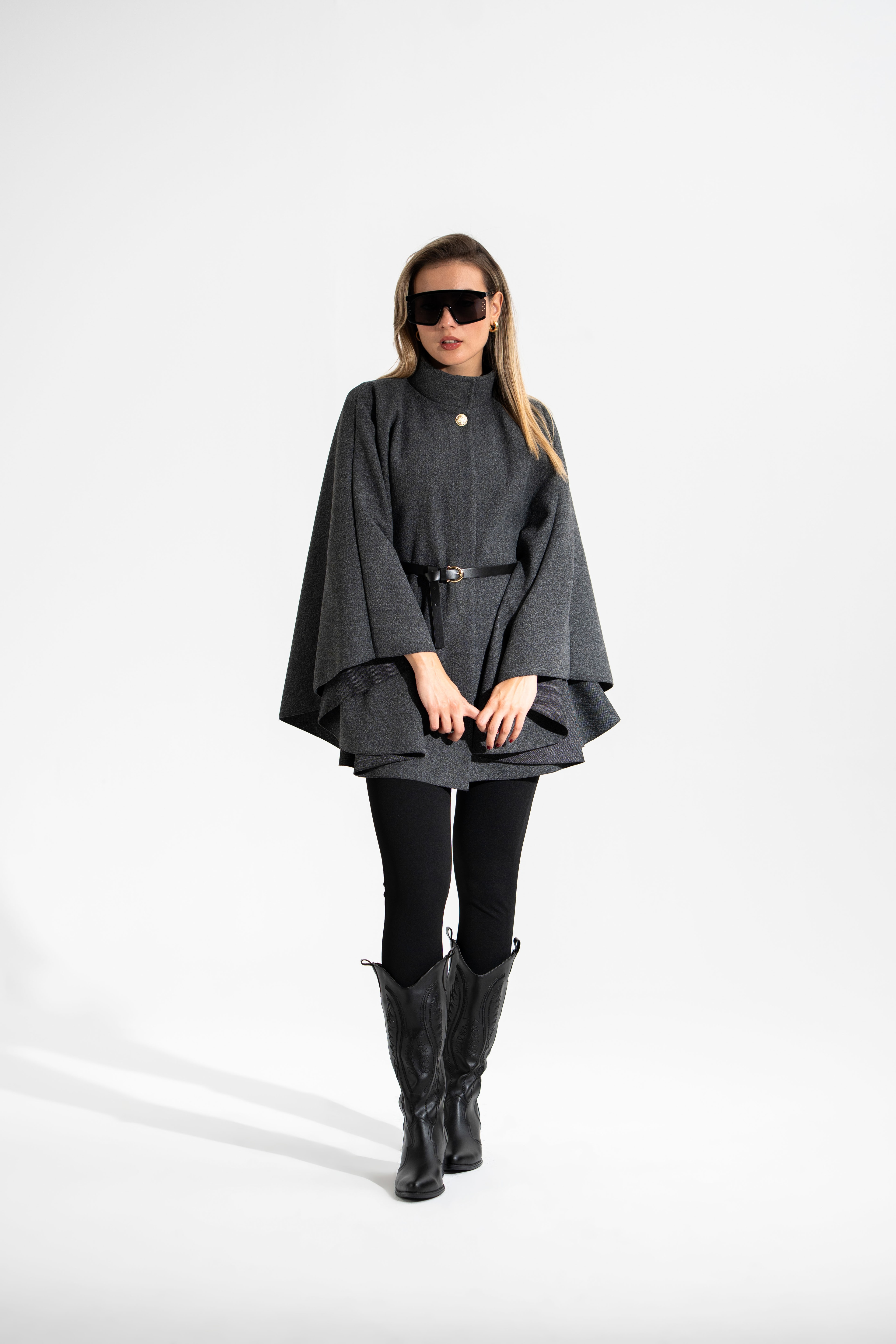 Kemerli,Kaşe,Kadın Panço-Antrasit