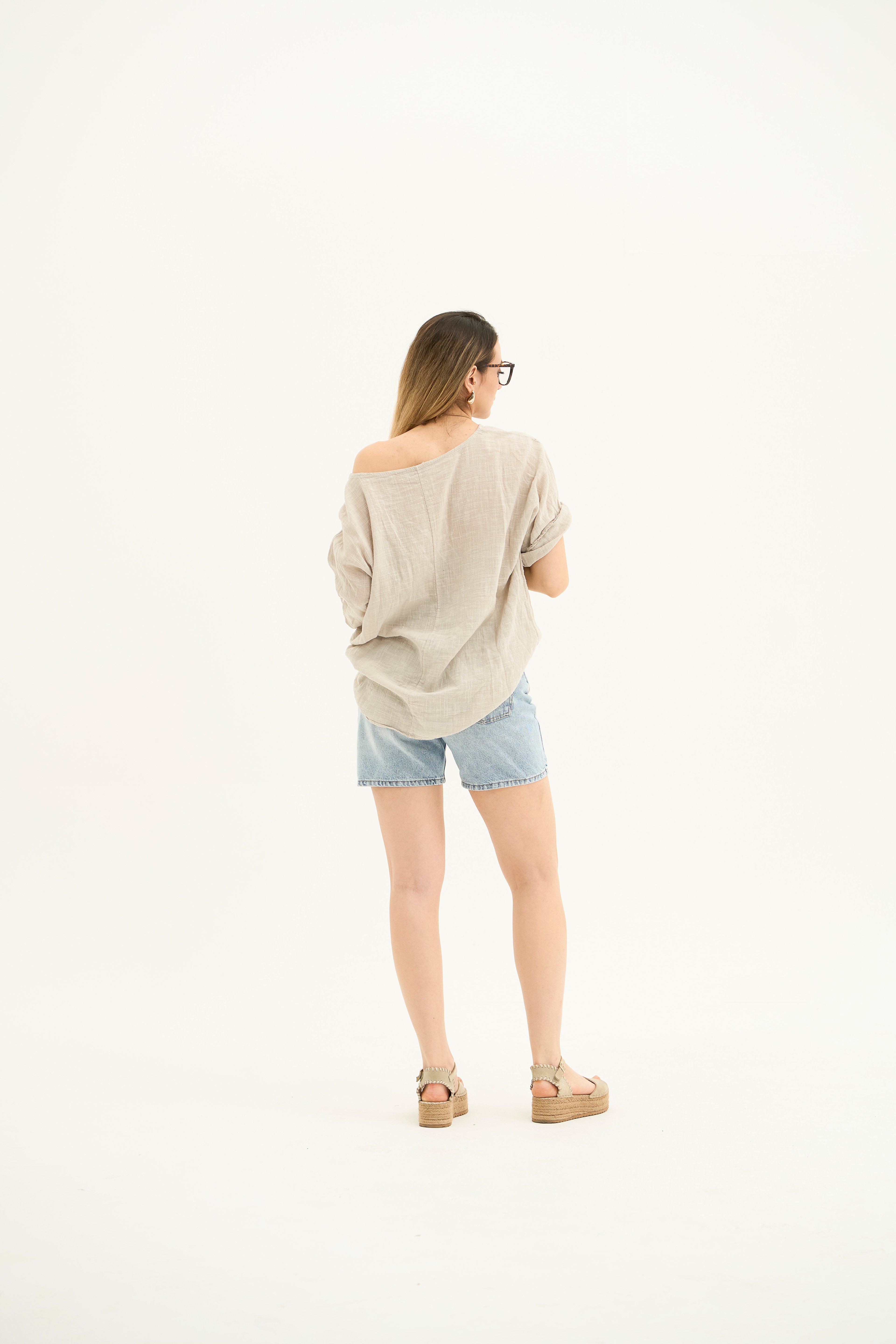 İtalyan,Ham Keten Salaş Bluz-Beige