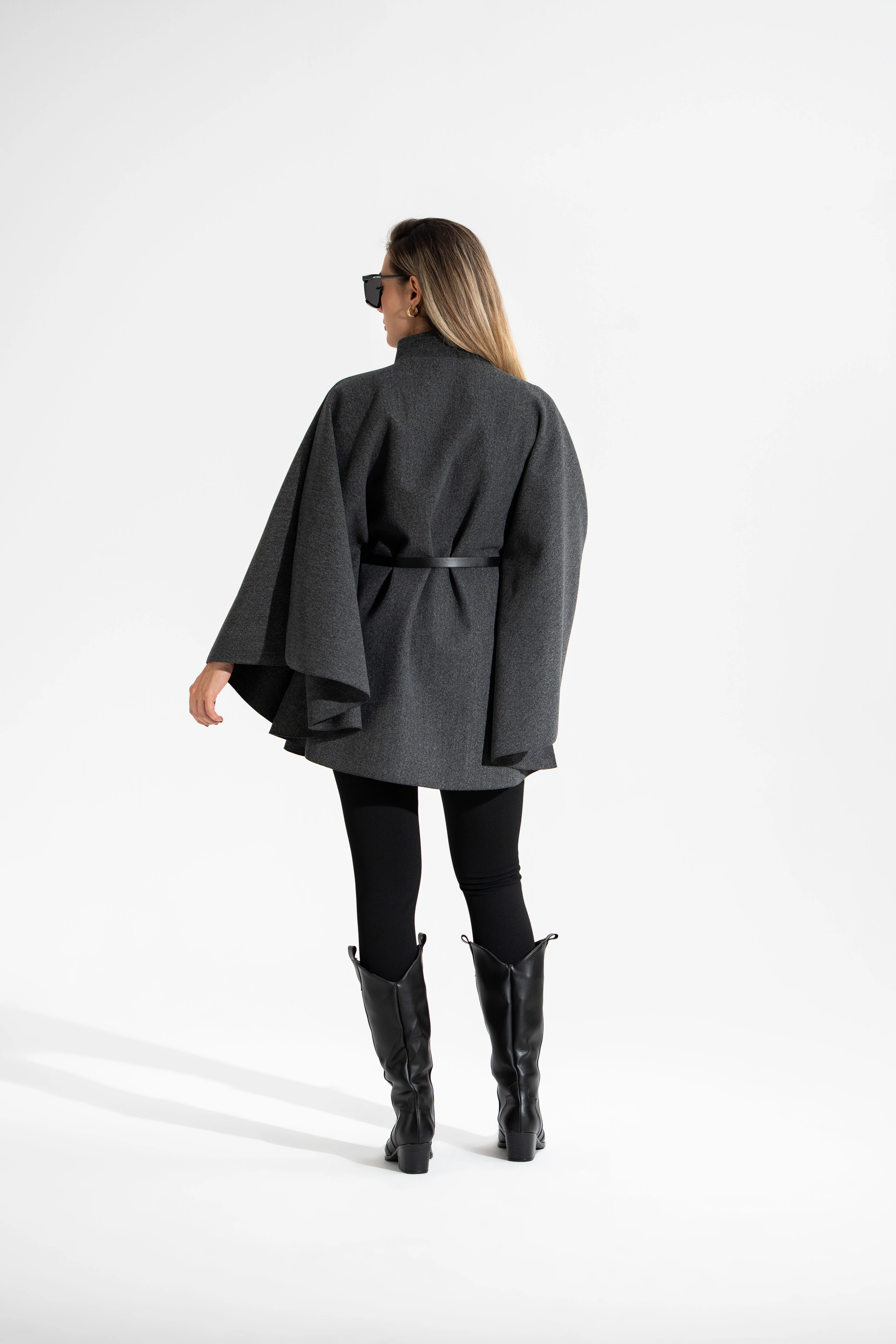 Kemerli,Kaşe,Kadın Panço-Antrasit