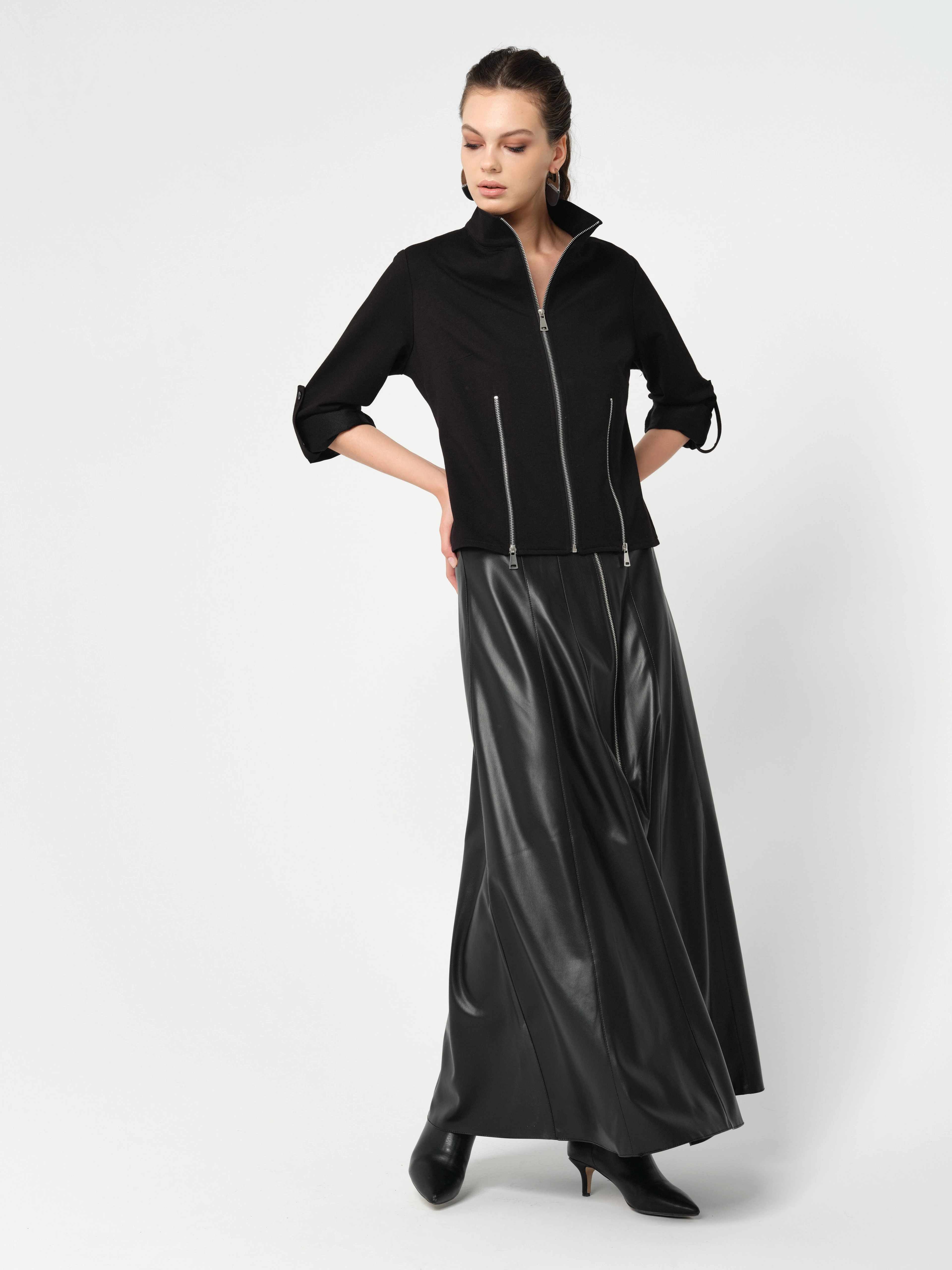 Önden Full Fermuarlı Suni Deri Etek