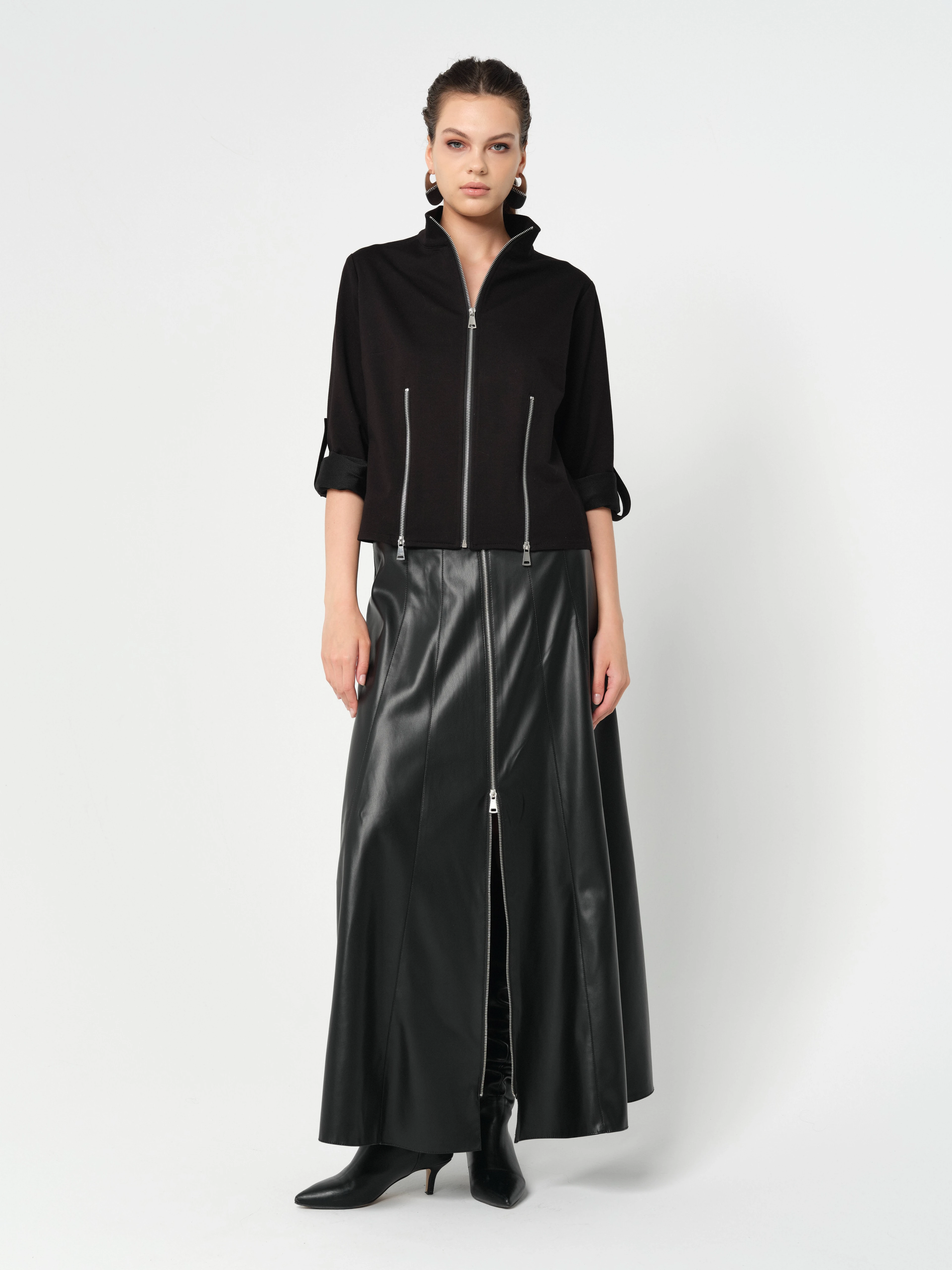 Önden Full Fermuarlı Suni Deri Etek