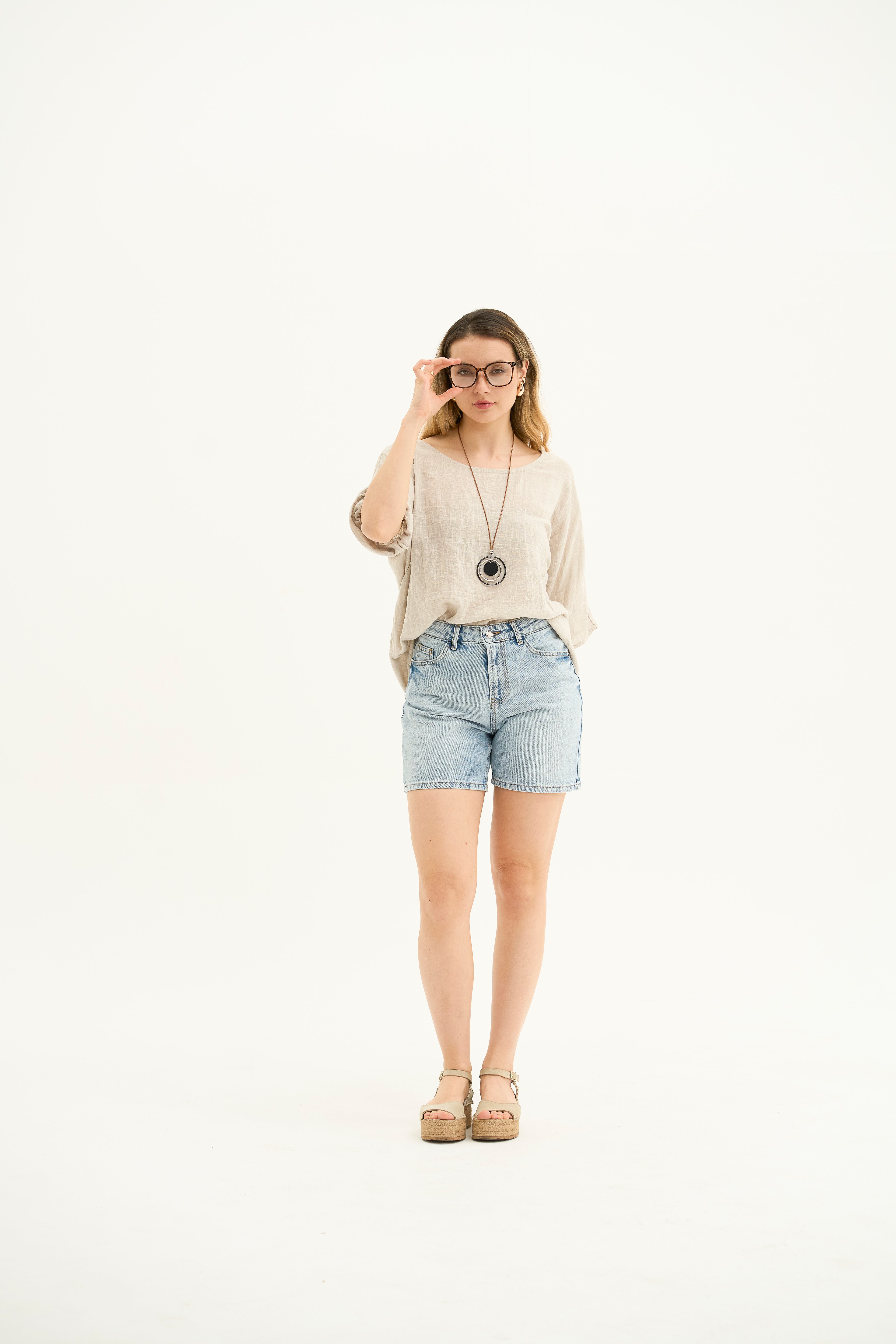 İtalyan,Ham Keten Salaş Bluz-Beige