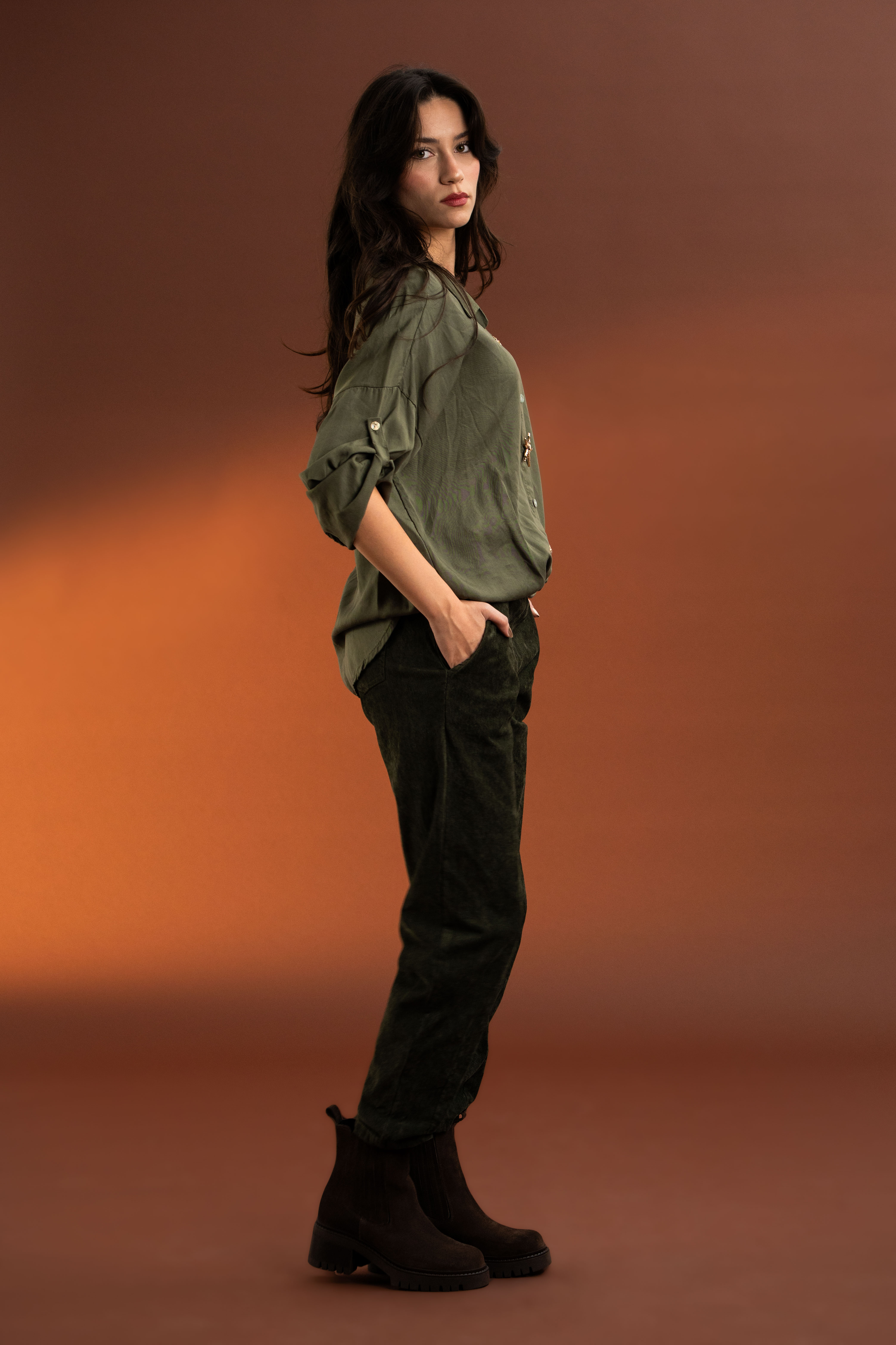 Gold Toka Detaylı,Pamuk,İtalyan Gömlek-Haki