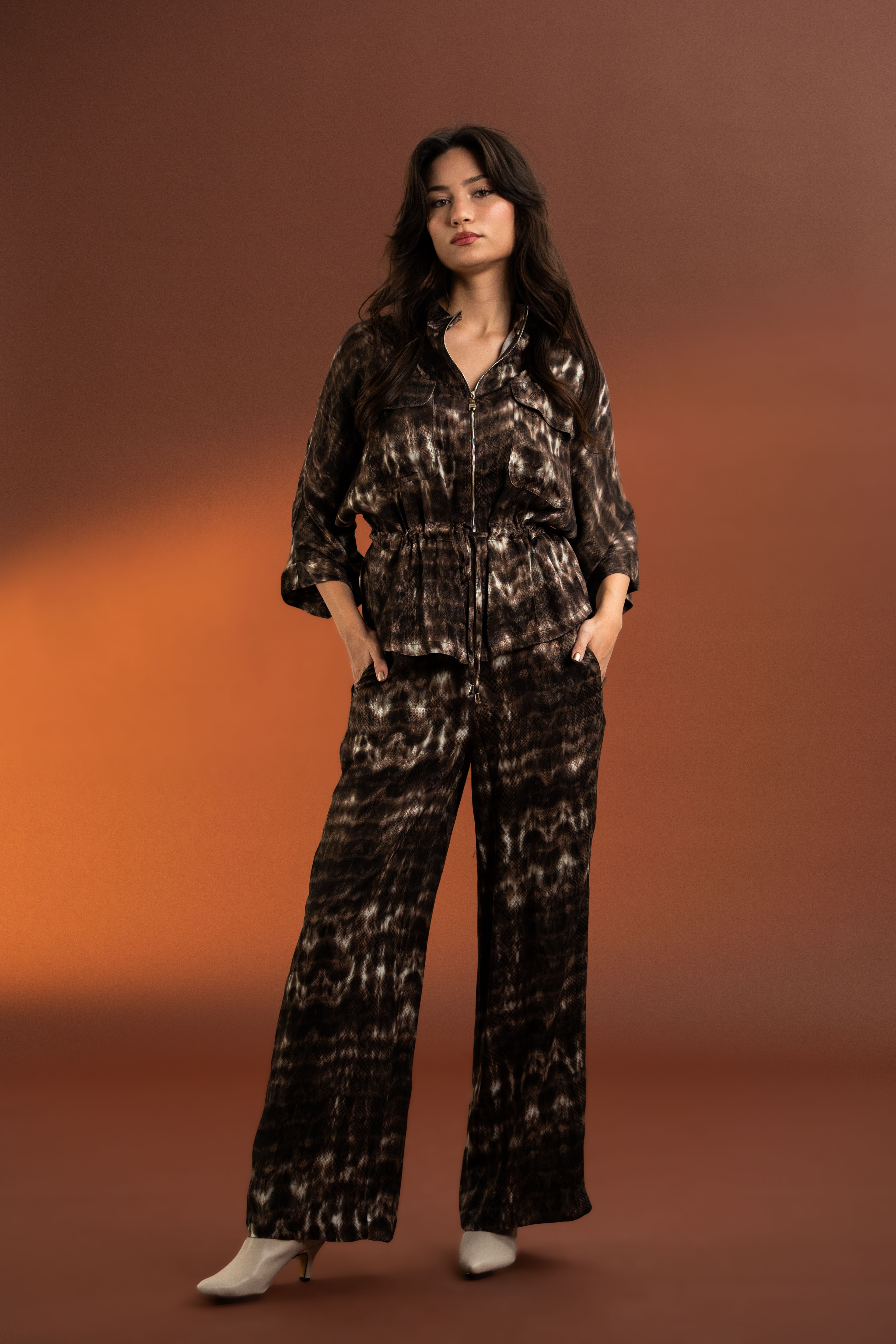 Premium Kalite,Önü Fermuarlı,İkili Saten Takım-Kahverengi