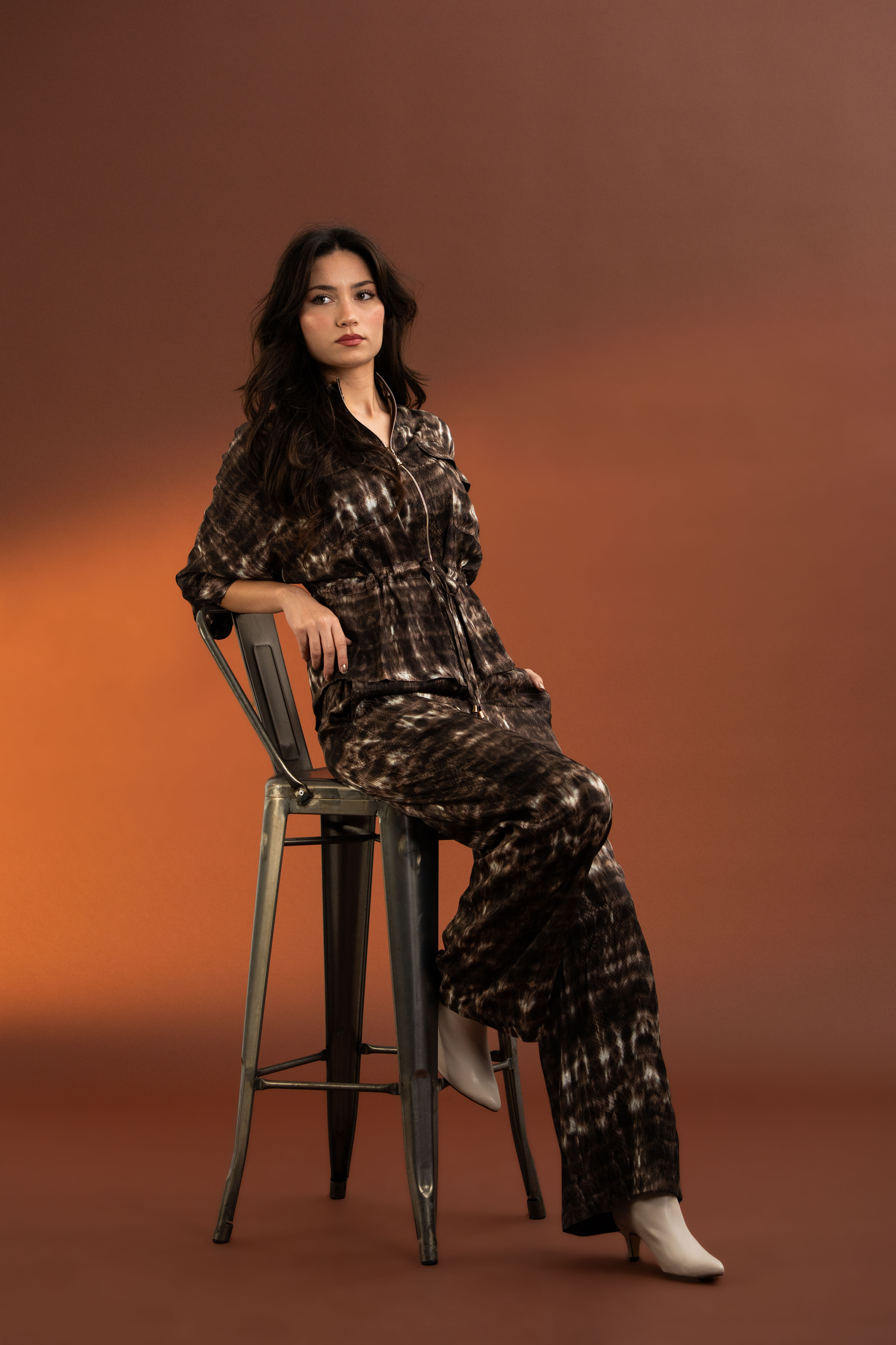 Premium Kalite,Önü Fermuarlı,İkili Saten Takım-Kahverengi