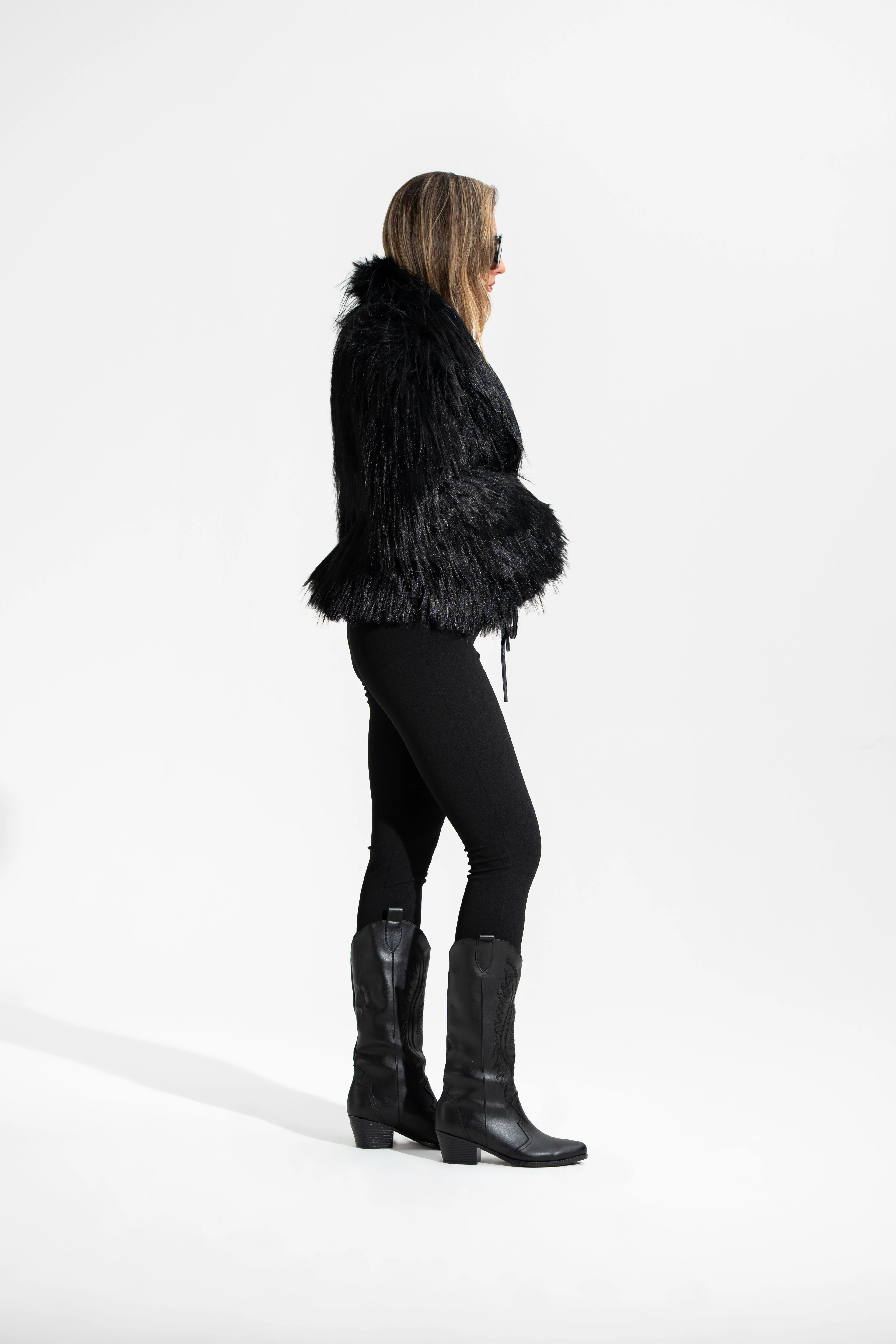 Deri Kuşaklı,Geniş Yaka , Premium Kürk-Siyah