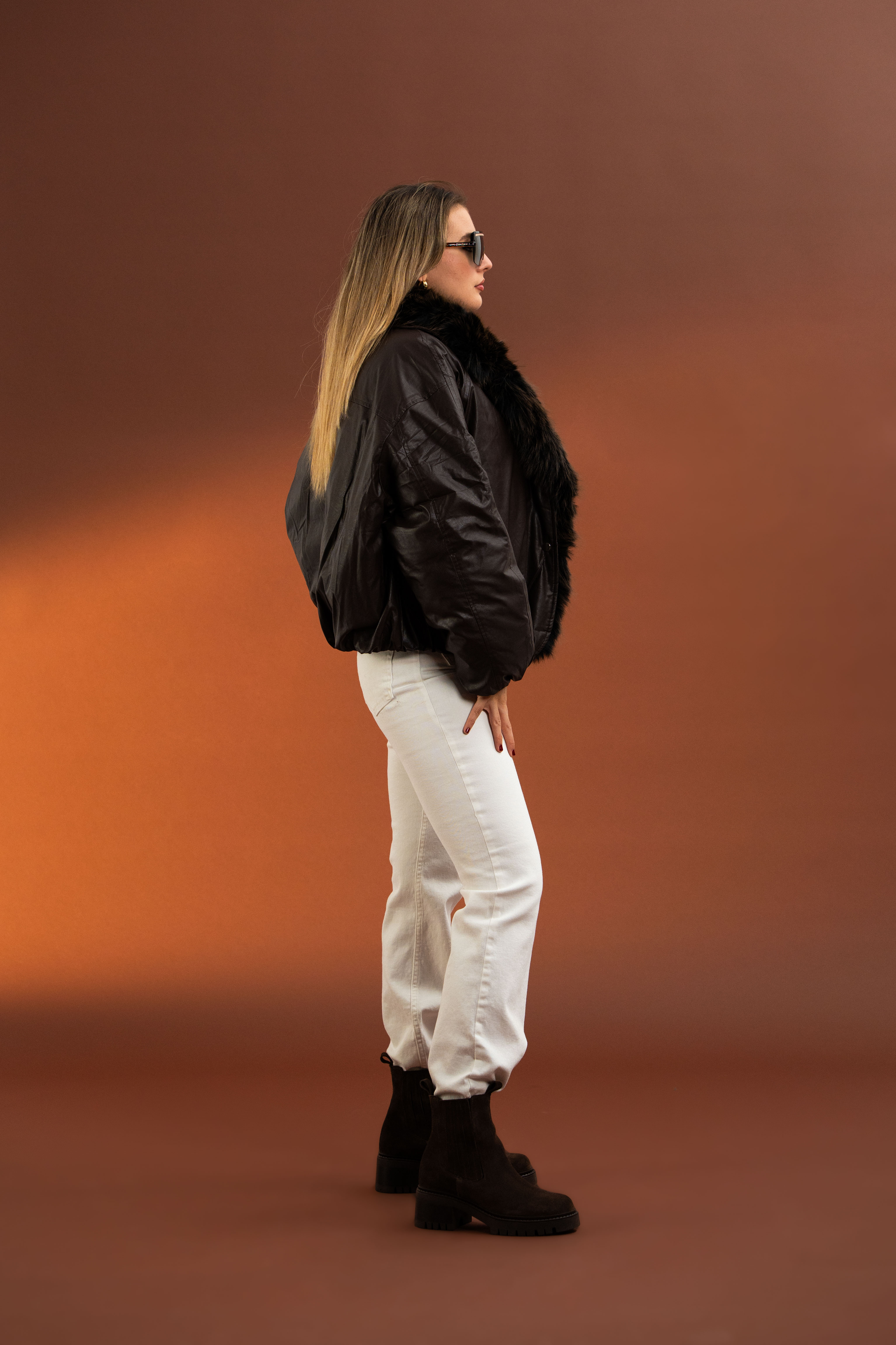 Yakası Takma Suni Kürk Detaylı, Premium,Vintage Şişme Deri Mont-Acı Kahve