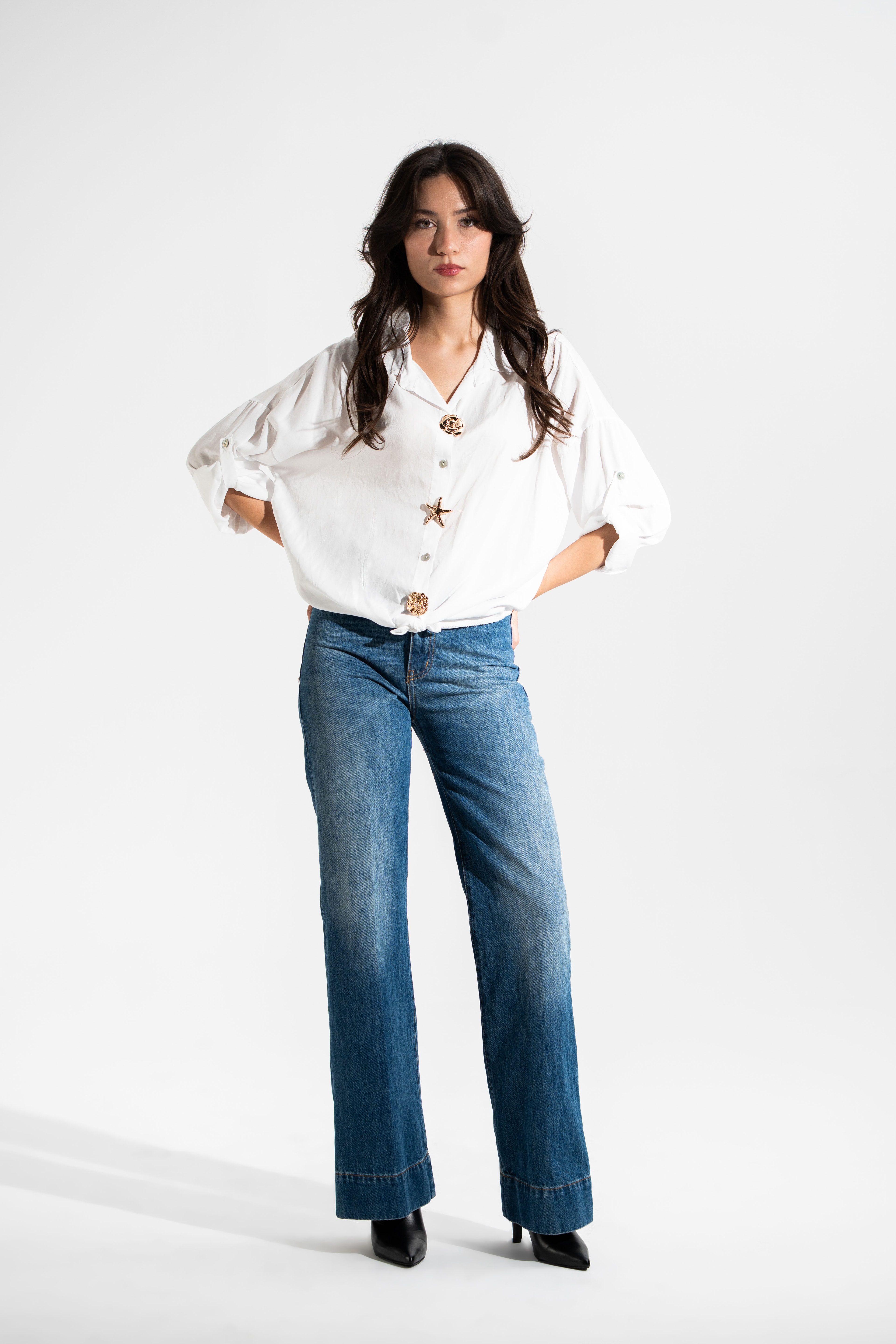 Gold Toka Detaylı,Pamuk,İtalyan Gömlek-Beyaz