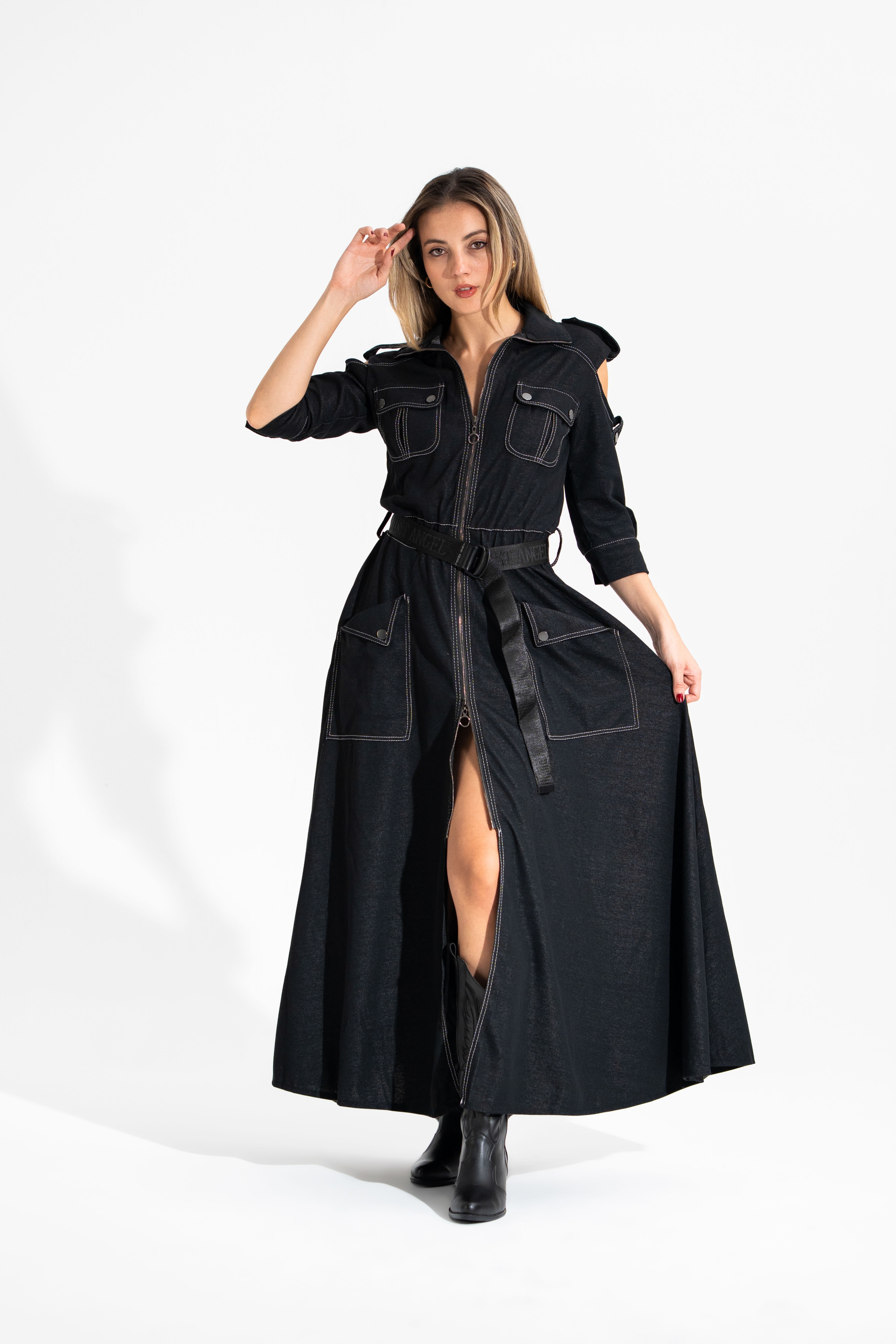 Tasarım,Omuz ve Cep Detaylı,Palaska Kemerli Elbise