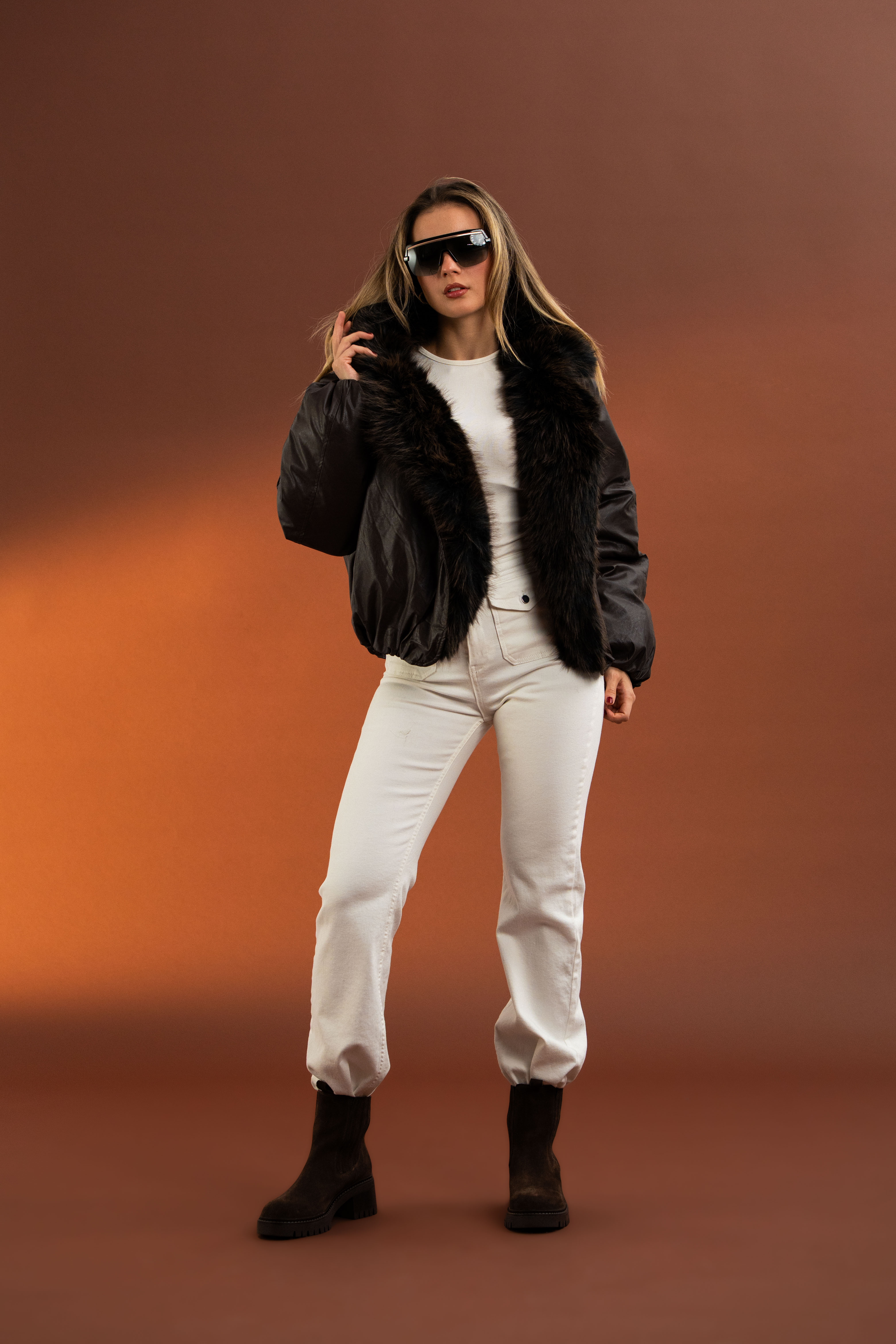 Yakası Takma Suni Kürk Detaylı, Premium,Vintage Şişme Deri Mont-Acı Kahve