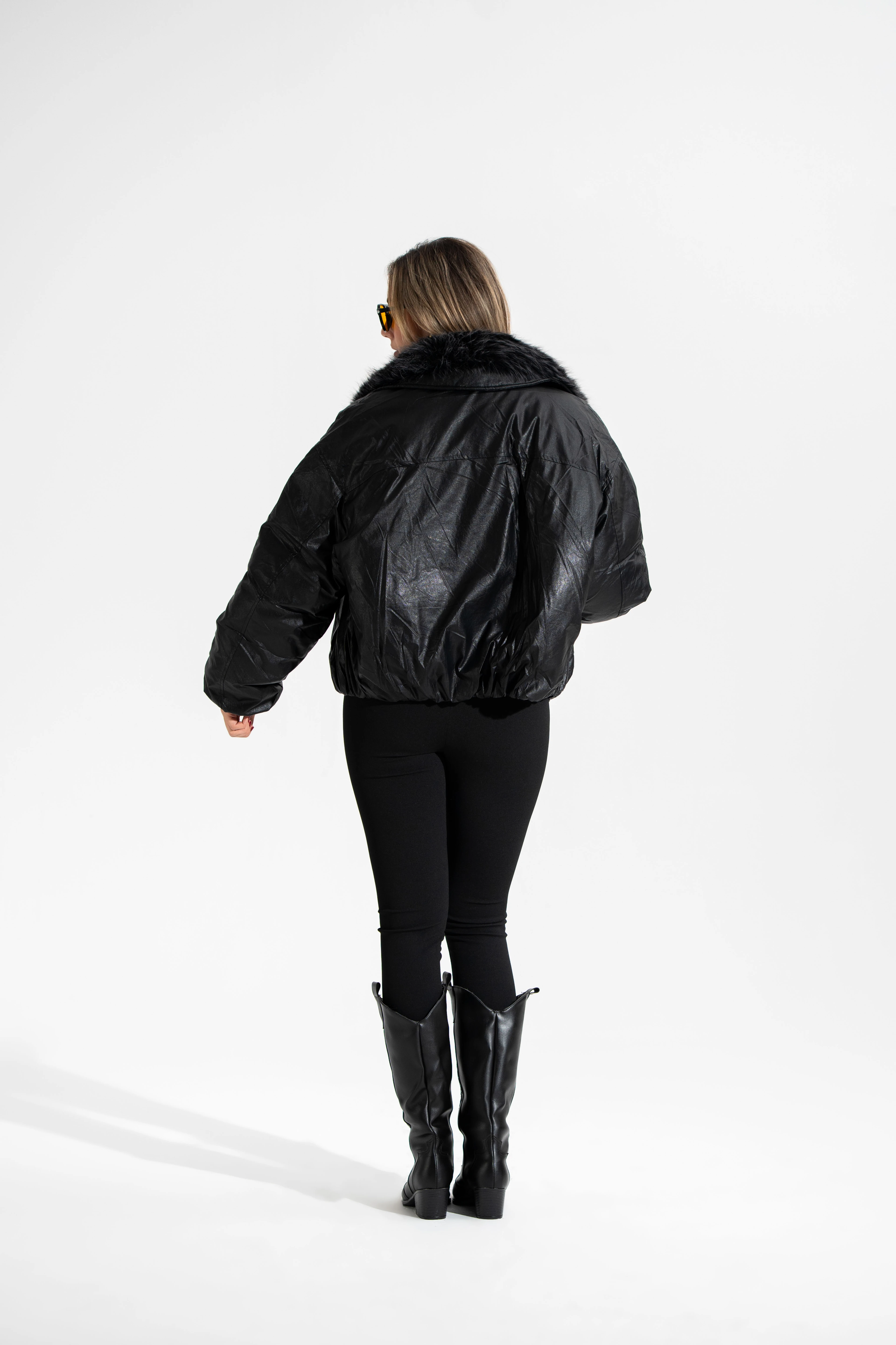 Yakası Takma Suni Kürk Detaylı, Vintage Şişme Deri Mont-SİYAH