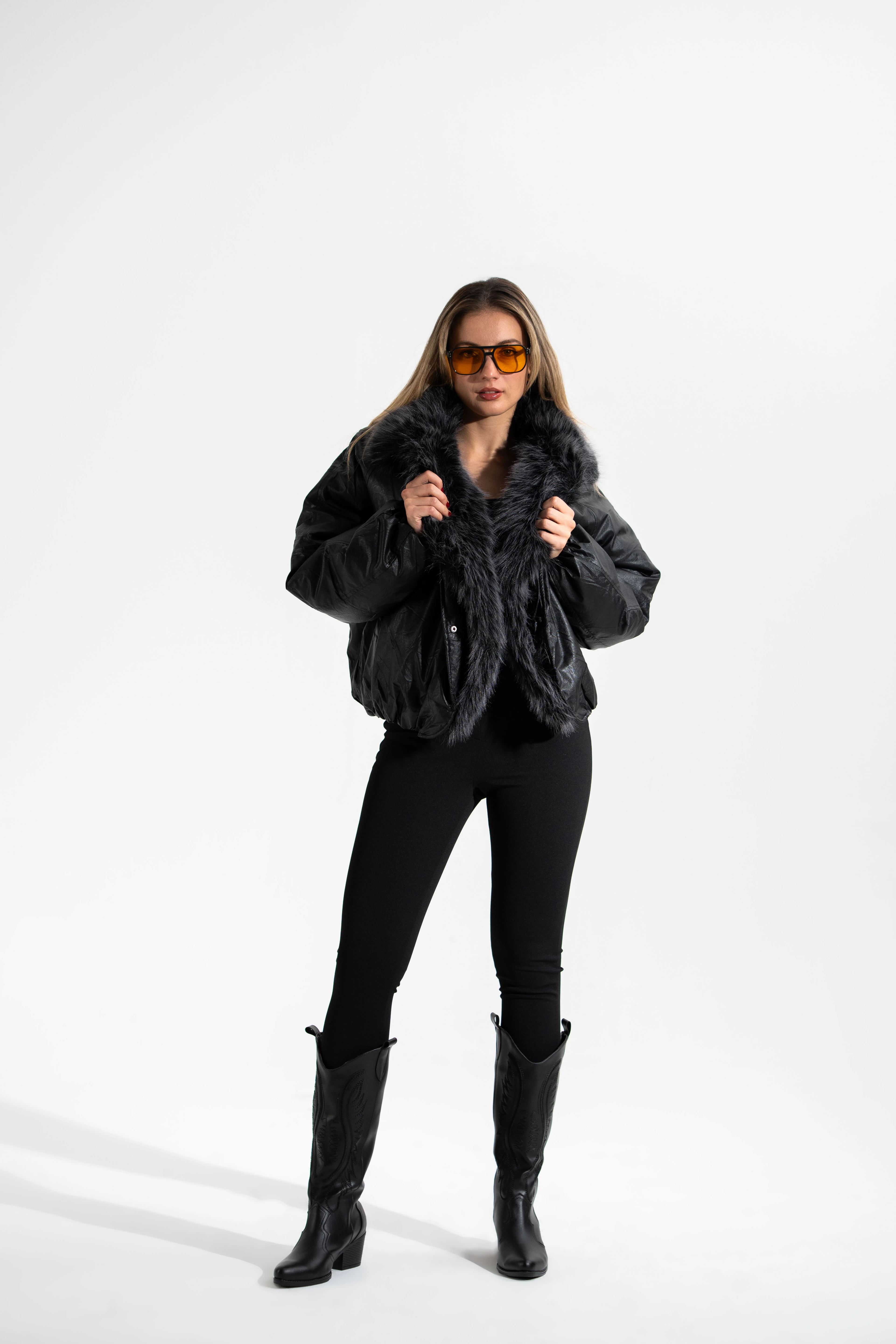 Yakası Takma Suni Kürk Detaylı, Vintage Şişme Deri Mont-SİYAH