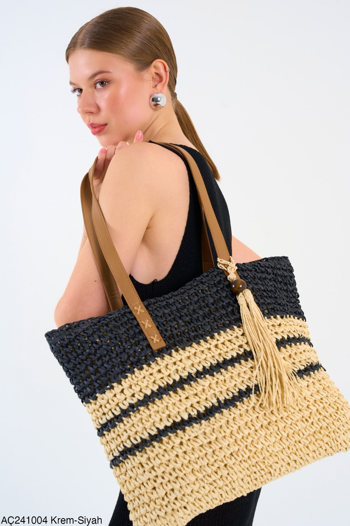Handmade,Deri Askılı,Siyah-Beige Çanta