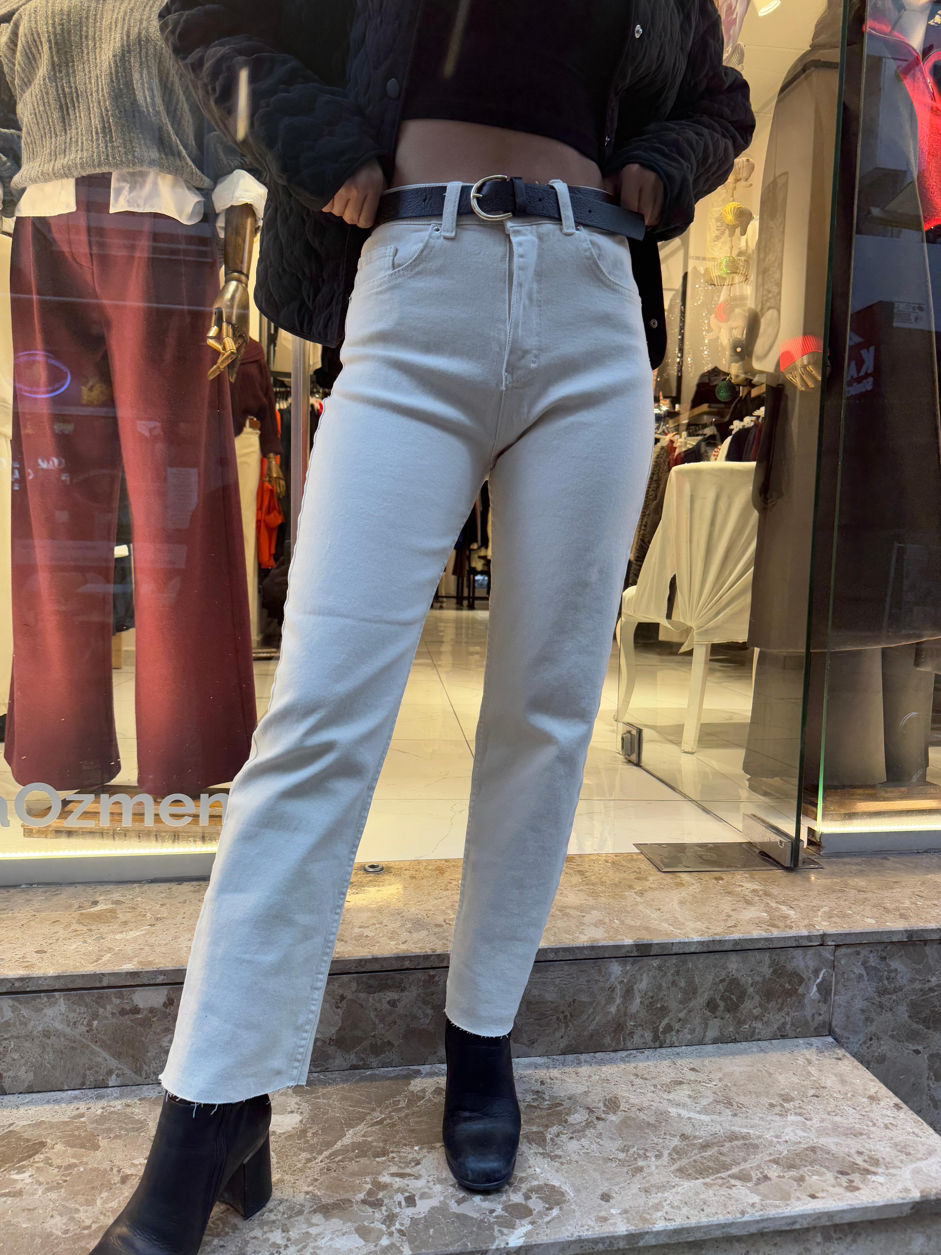 Likralı Boy Fit Jean Pantolon Bej