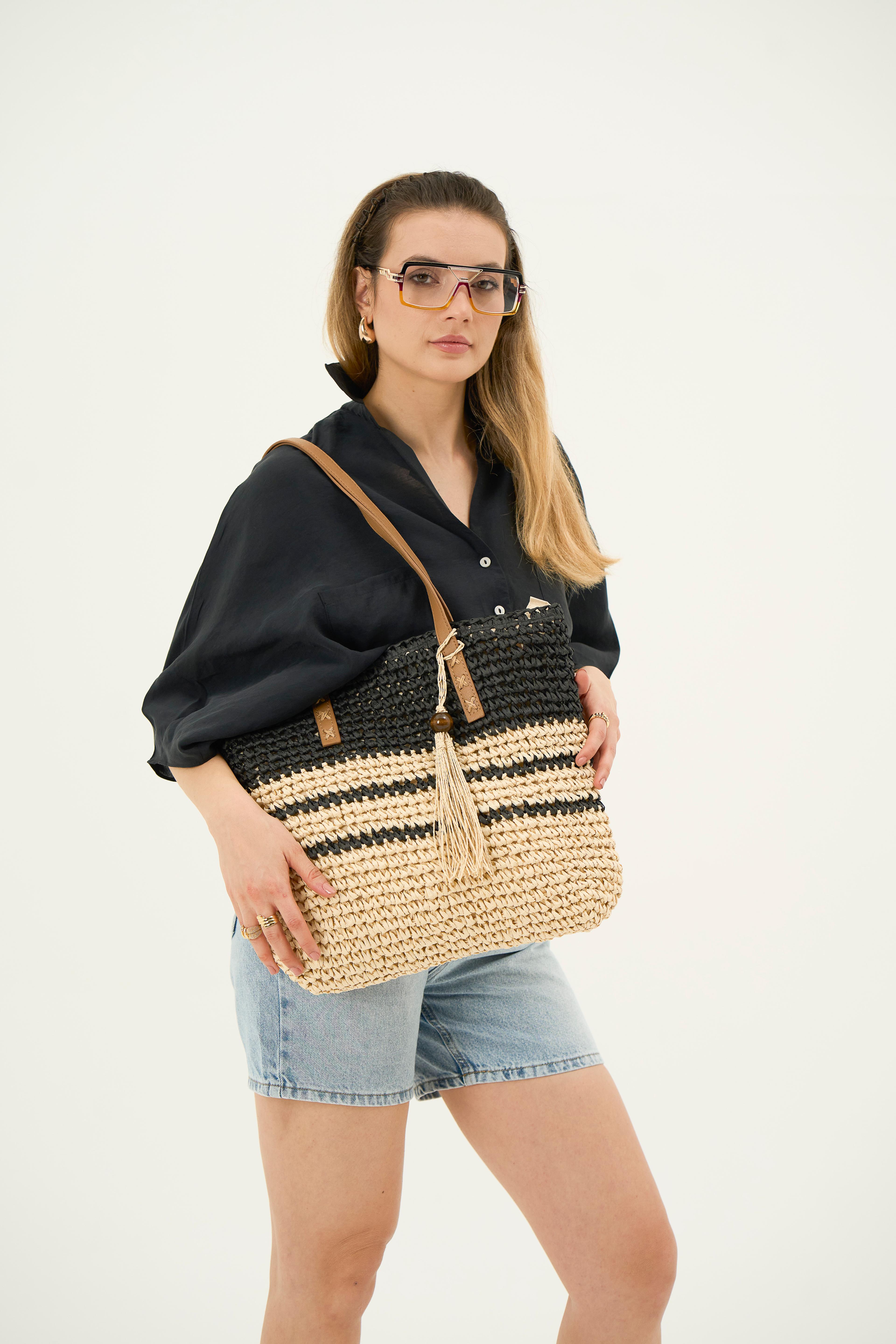 Handmade,Deri Askılı,Siyah-Beige Çanta
