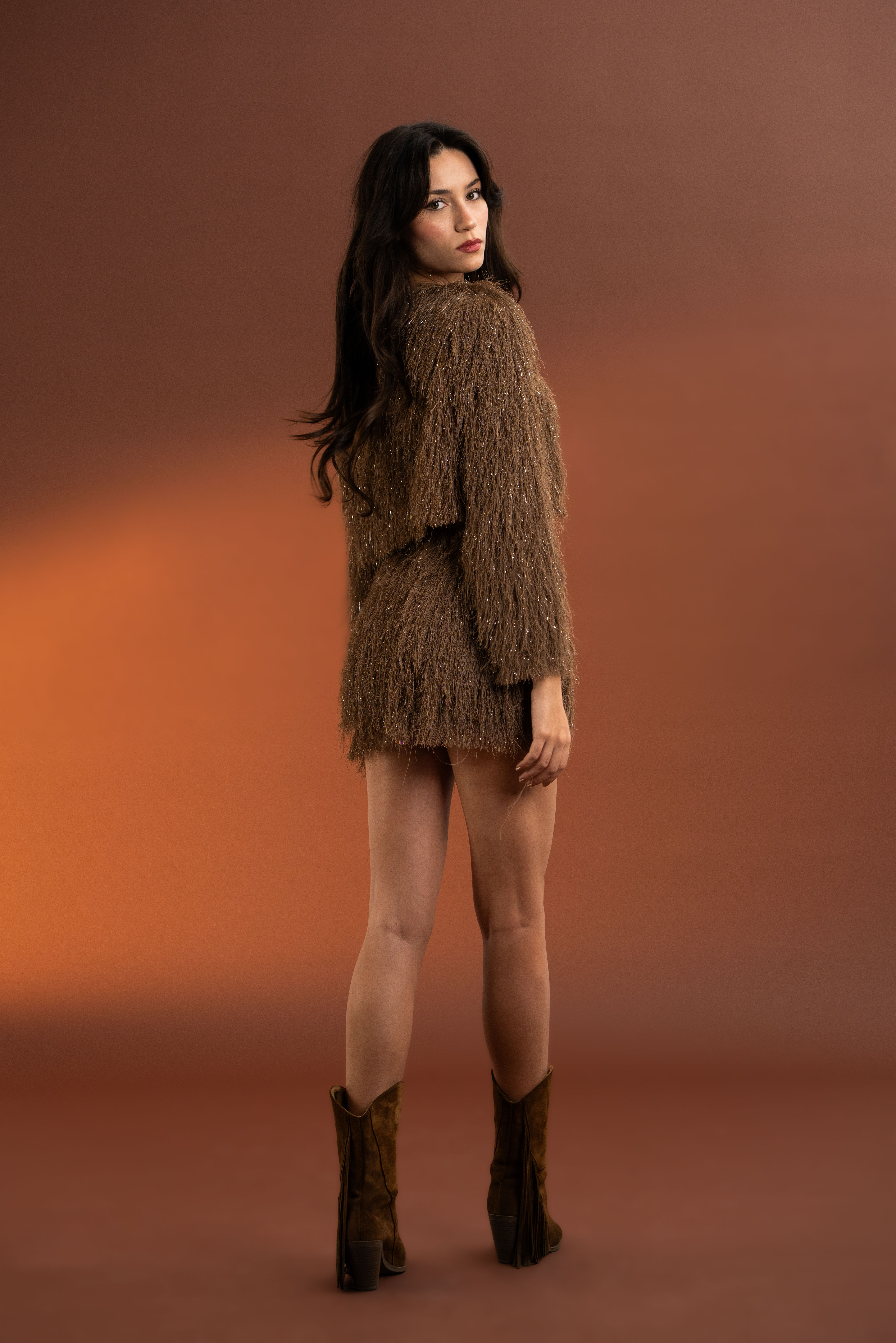 Saçaklı,Etek-Bluz Takım-Kahverengi